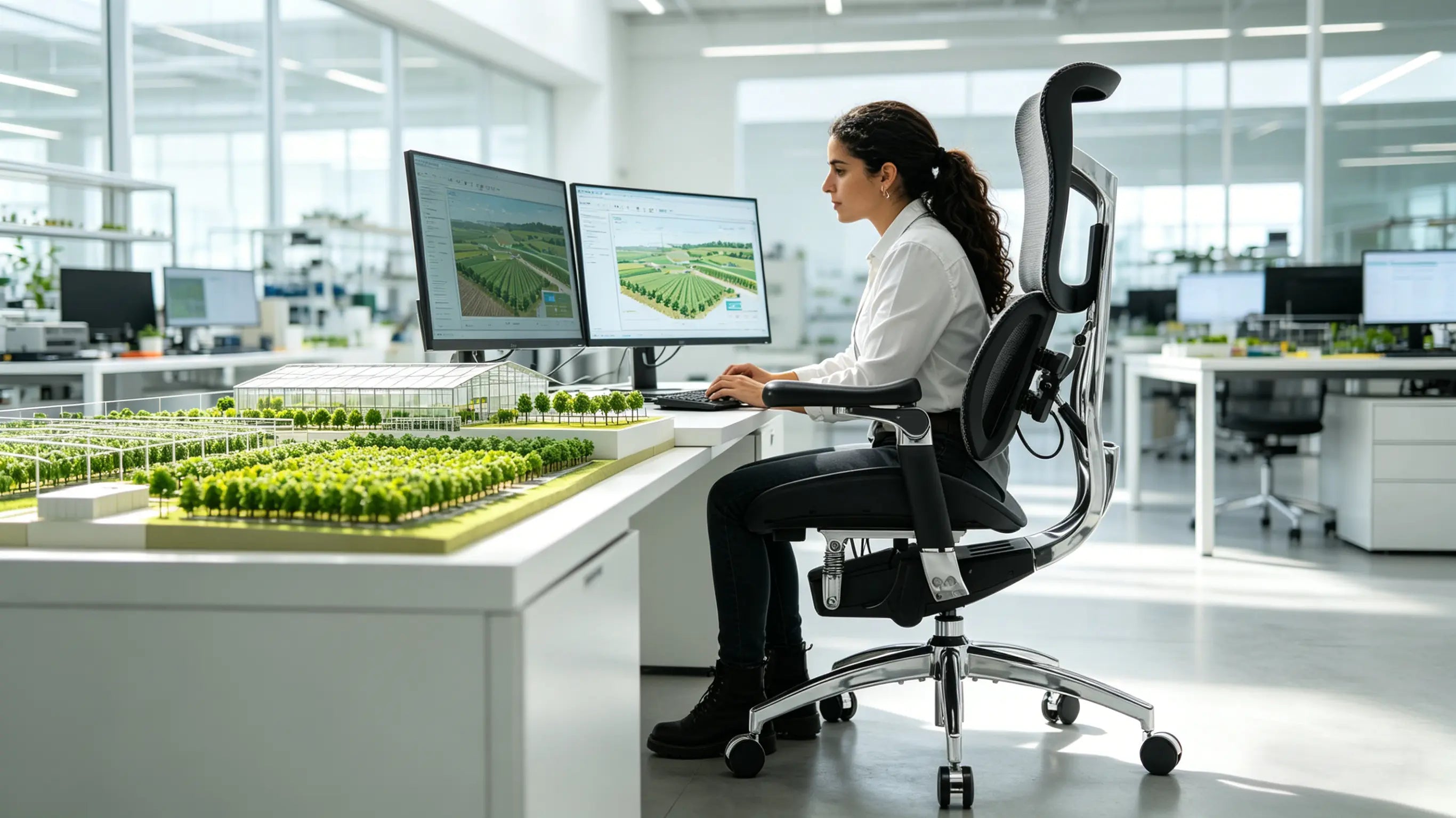 Cristina reviewing agricultural data models while sitting on her sillón ergonómico of Ergo Select in Albacete.