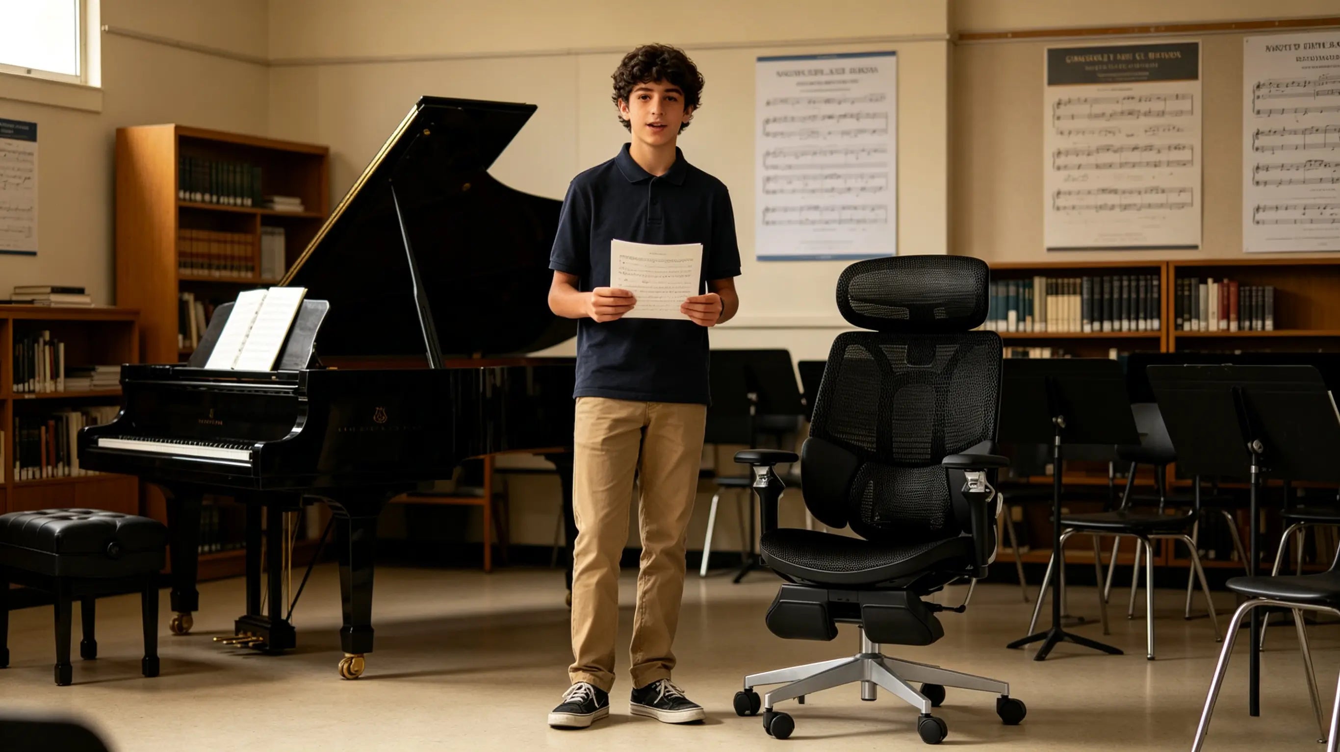 Mateo, un joven músico de 14 años, analizando partituras sentado en su silla ergonómica Ergo Select en Sevilla.