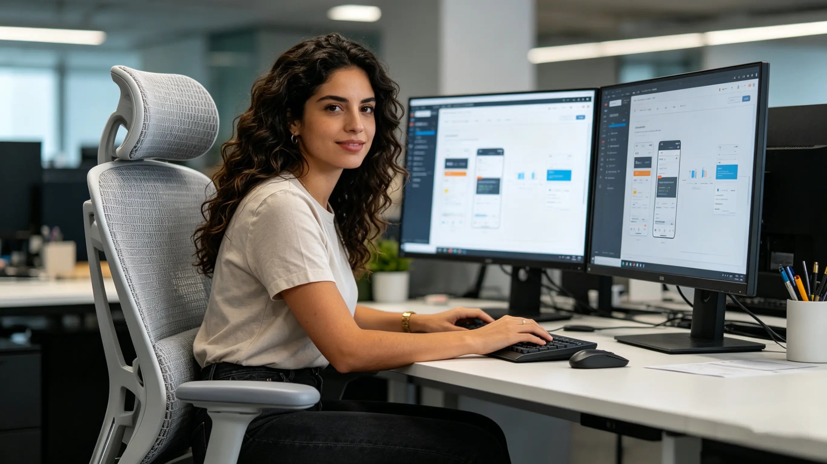 Valeria designing mobile interfaces while sitting on her High Back Ergonomic Mesh Task Chair in her Sevilla studio.