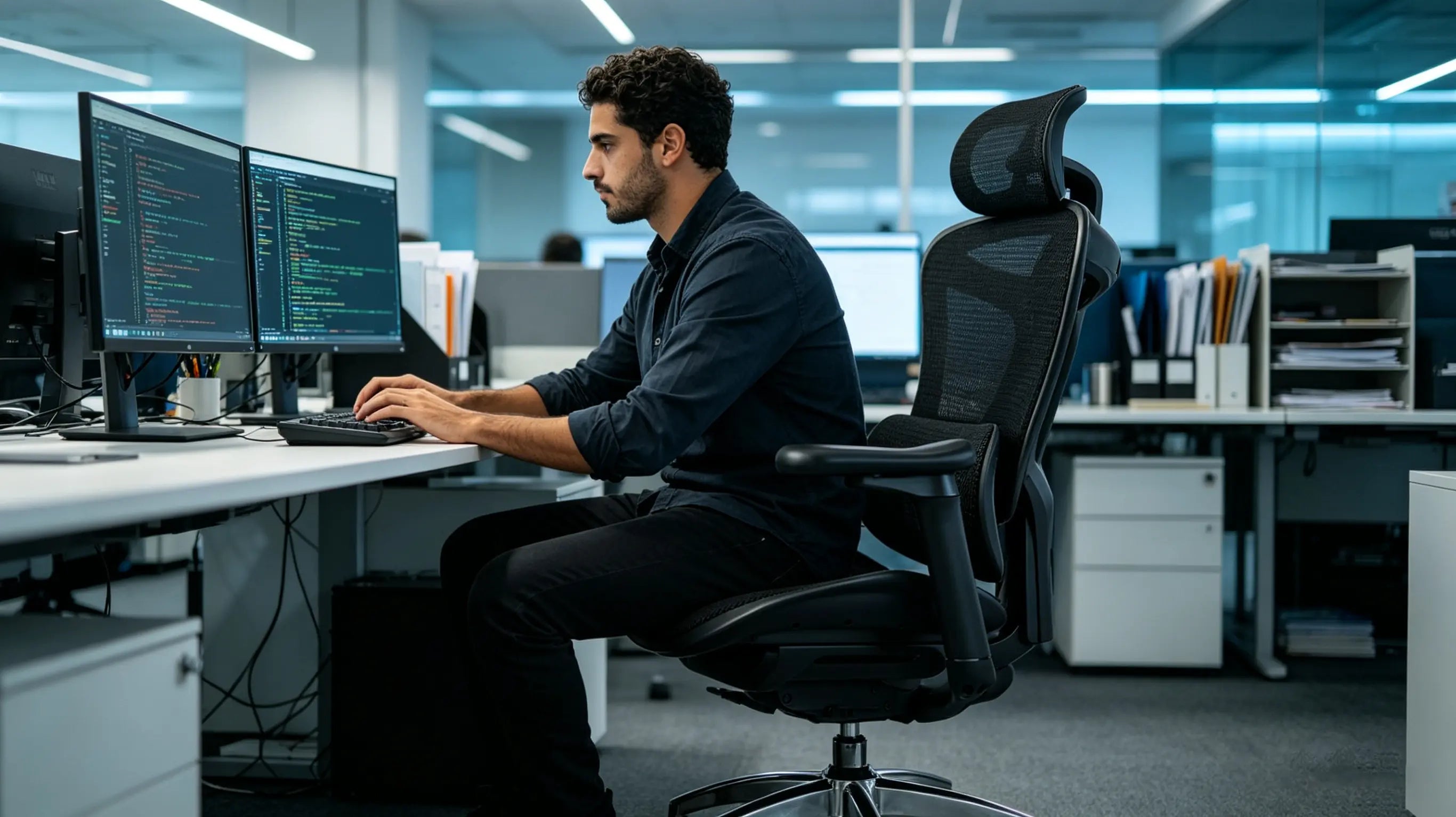 Hugo developing decentralized protocols while sitting on his High Back Ergonomic Mesh Task Chair in a Madrid tech hub.