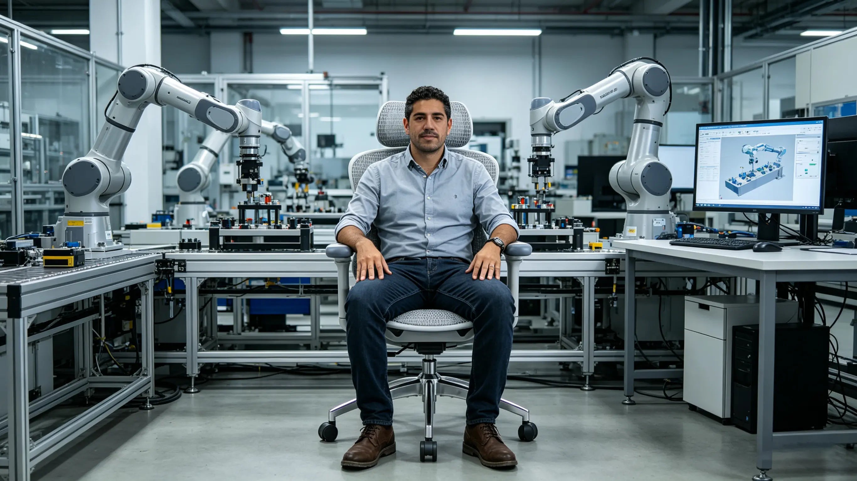 Iker simulating a robotic assembly line while sitting on his High Back Ergonomic Mesh Task Chair in Bilbao.