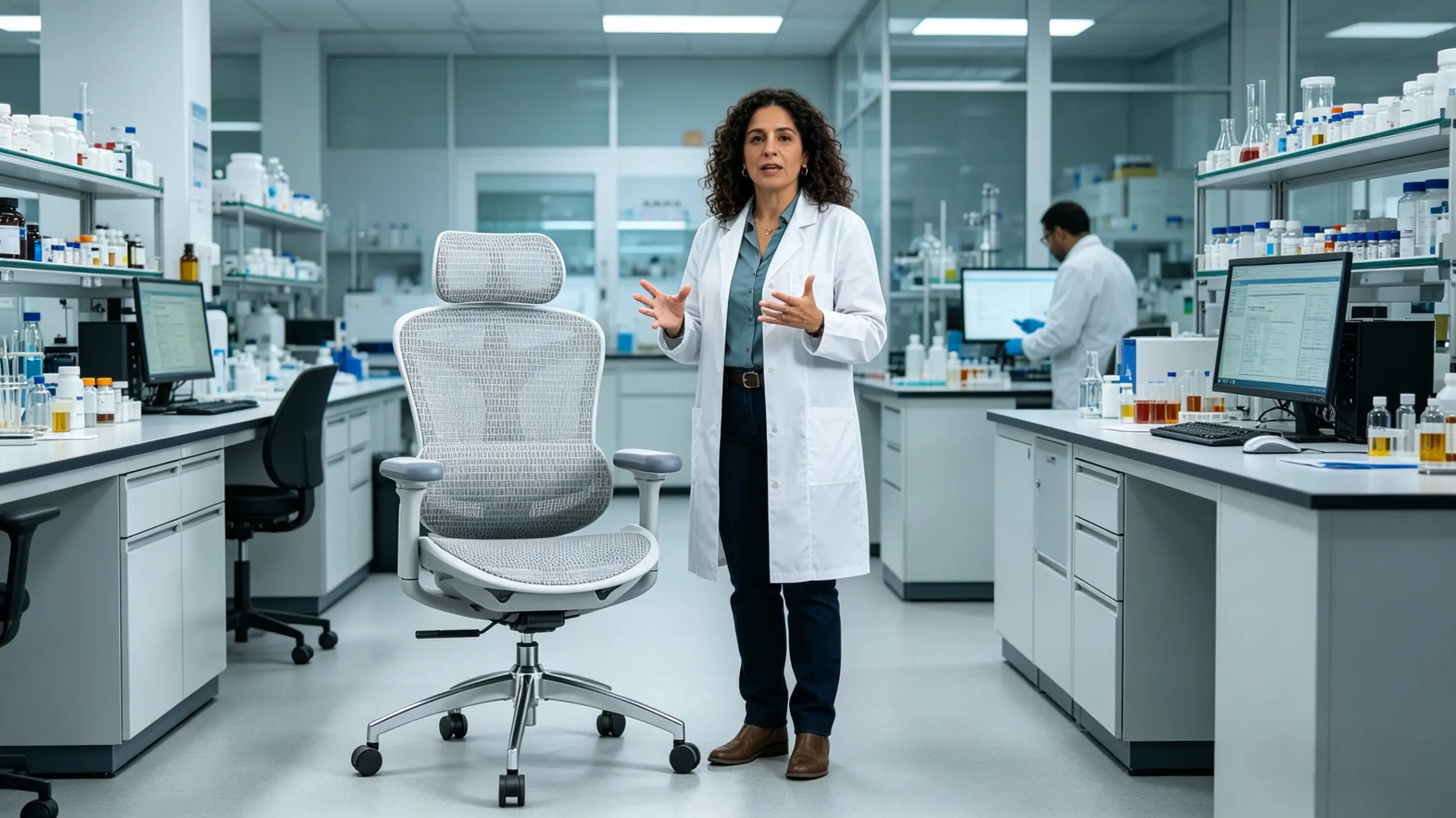 Sofía analizando datos de seguridad farmacéutica sentada en su silla Ergo Select en un centro de investigación de Madrid.
