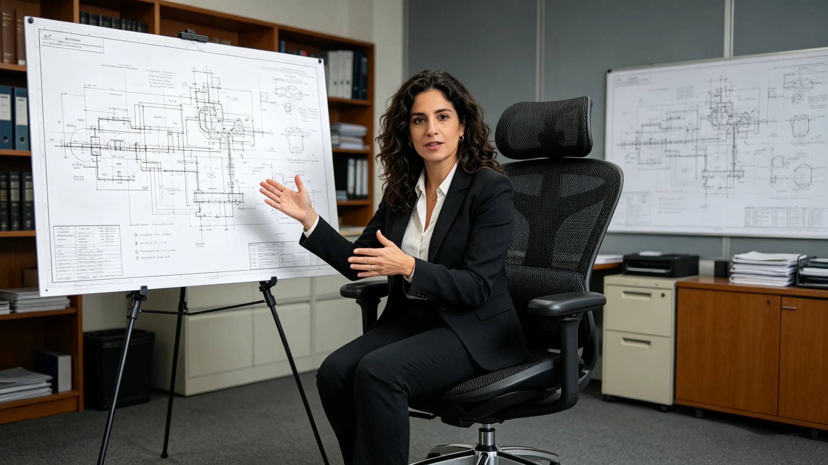 Lucía reviewing complex technical blueprints while sitting on the best ergonomic chairs from Ergo Select in Valencia.