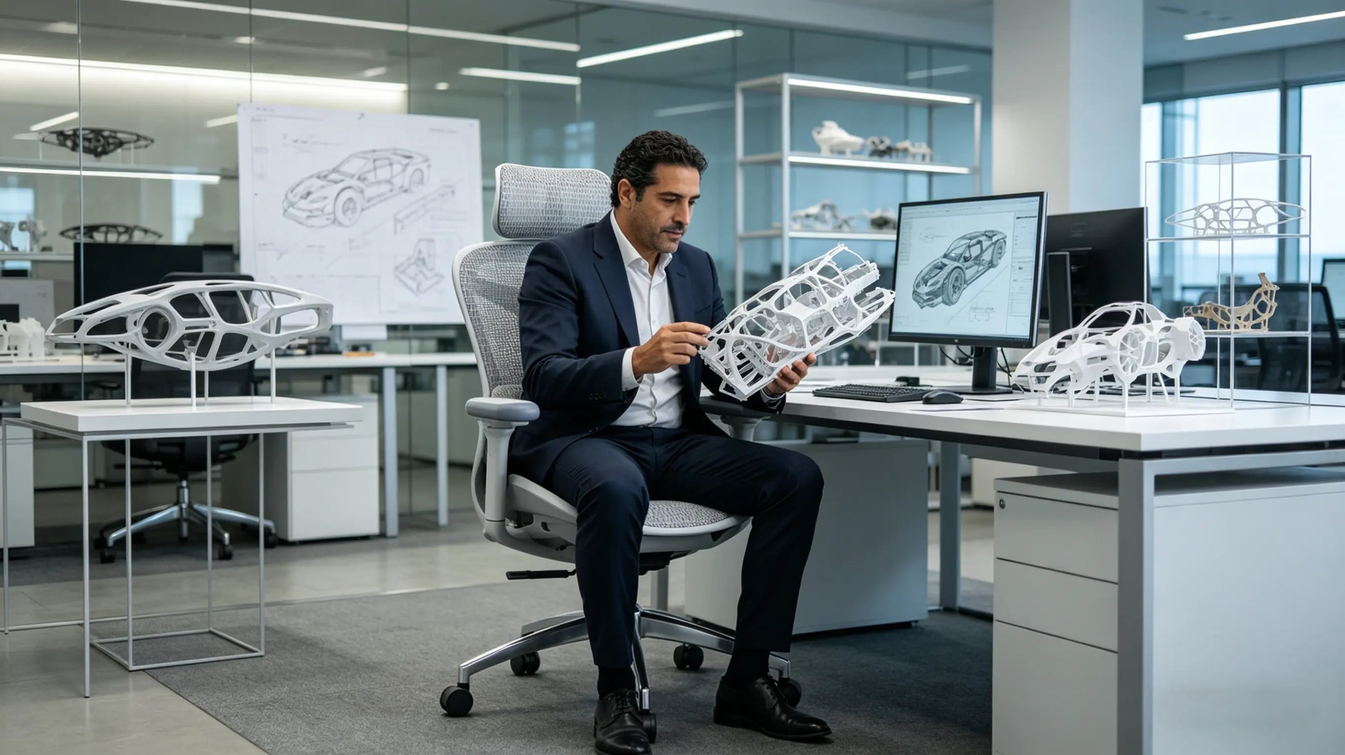 Ricardo reviewing complex 3D industrial prototypes while sitting on his High Back Ergonomic Mesh Task Chair in Madrid.