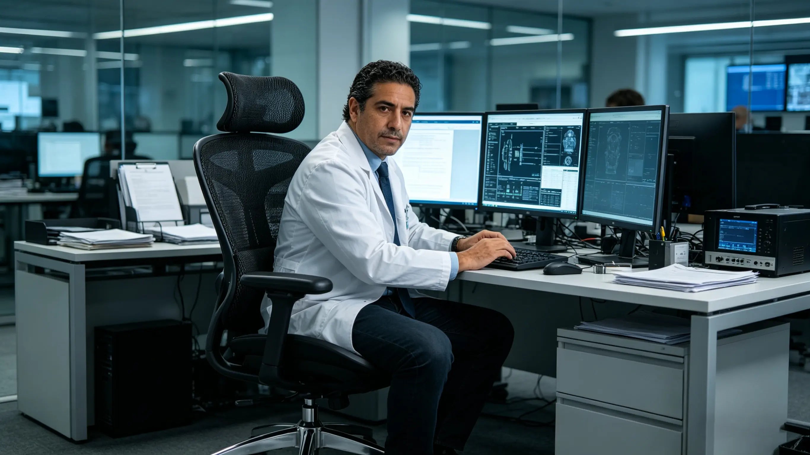 Marc examining digital forensic evidence while sitting on his High Back Ergonomic Mesh Task Chair in Barcelona.