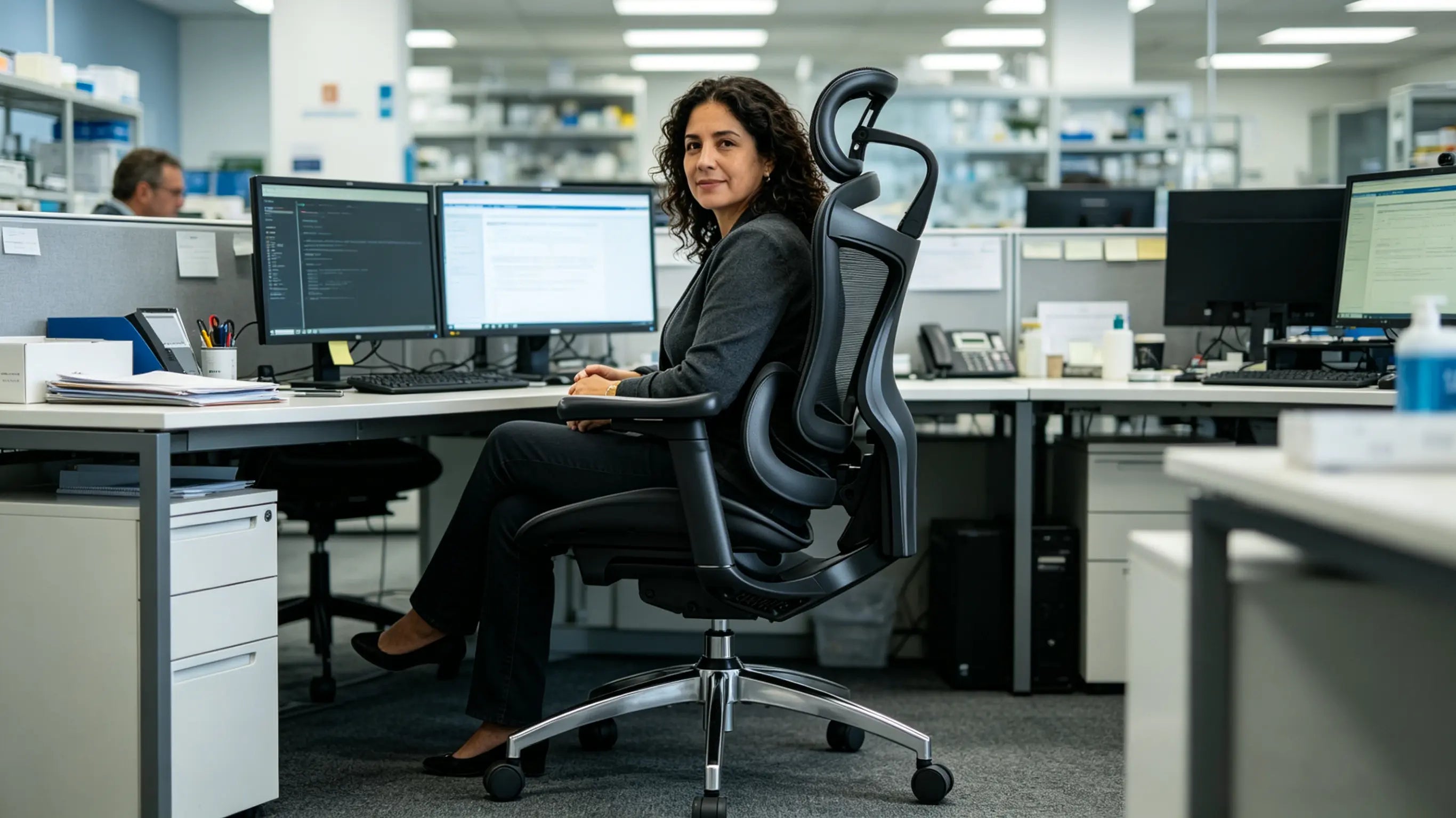 Sofía analyzing clinical trial datasets while sitting on her High Back Ergonomic Mesh Task Chair in a Madrid research center.