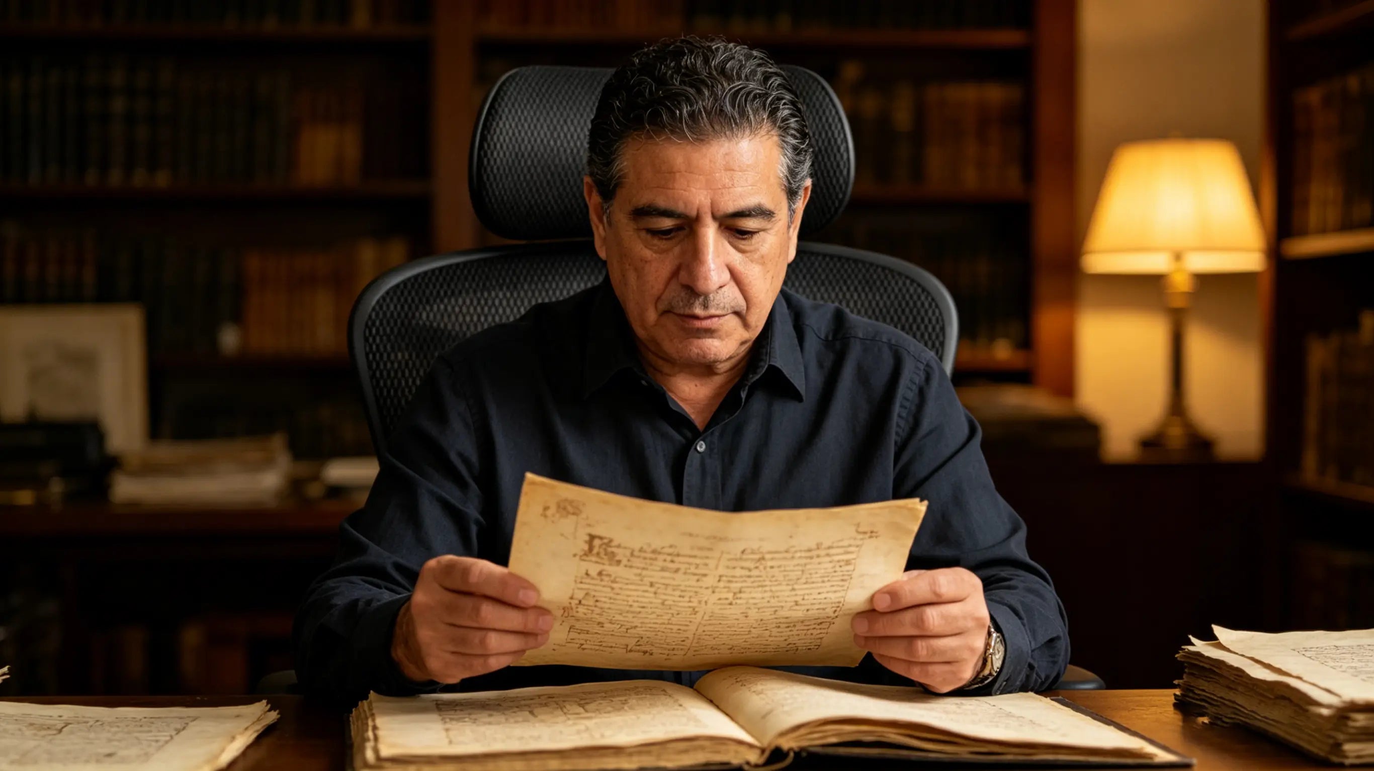 Julián restoring a 17th-century manuscript while sitting on his High Back Ergonomic Mesh Task Chair in Madrid.