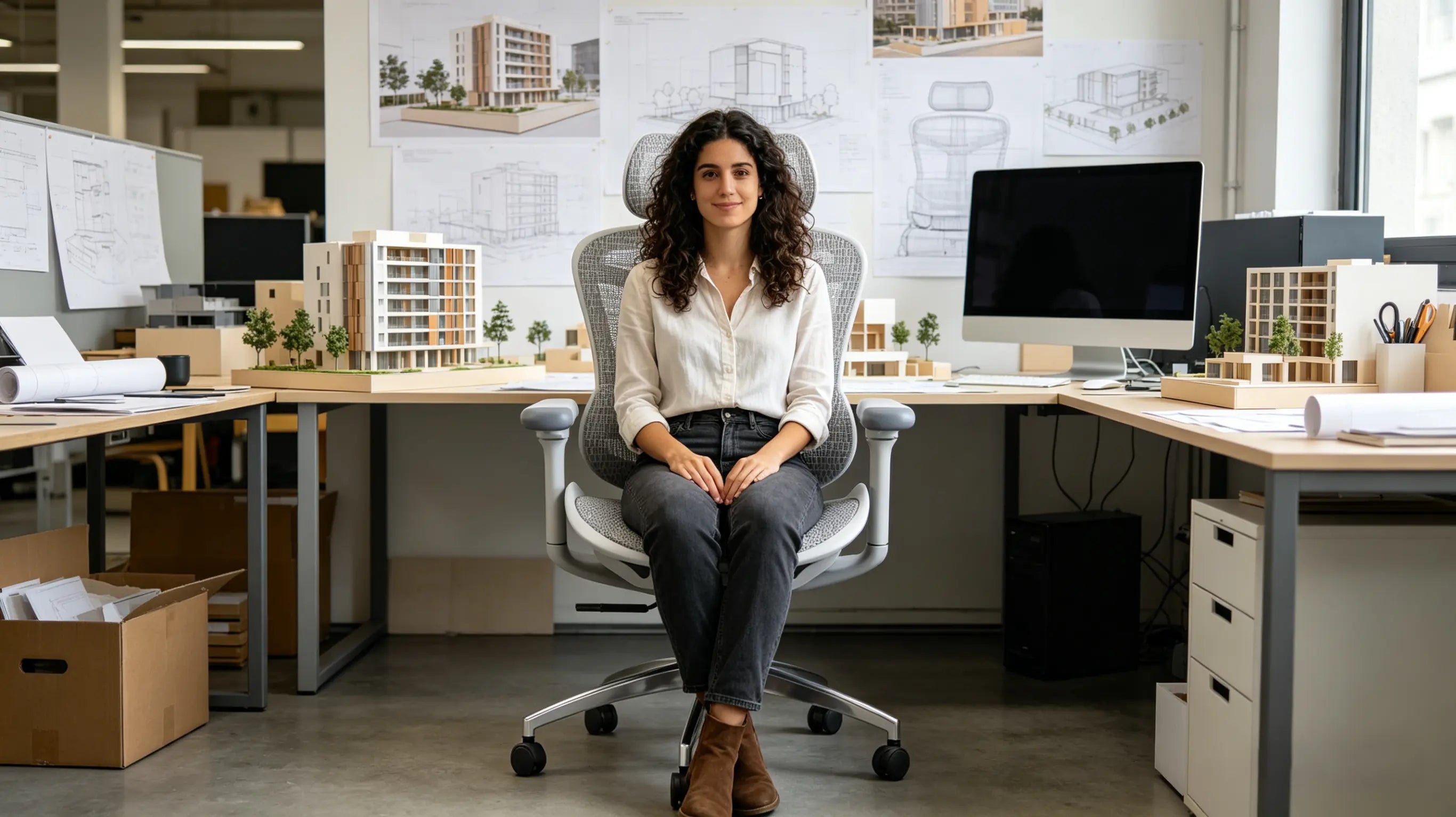 Claudia designing sustainable building facades while sitting on her High Back Ergonomic Mesh Task Chair in Barcelona.