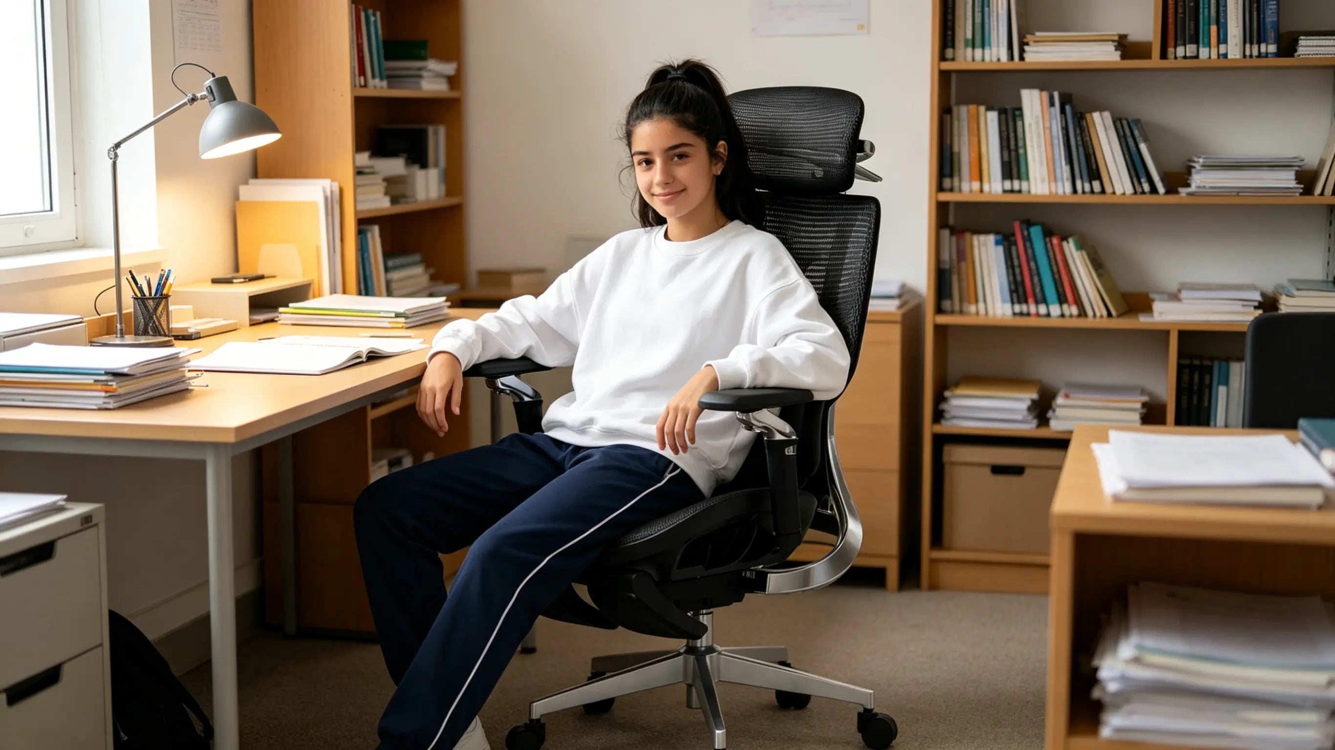 Detalle del soporte lumbar ajustable de la silla Ergo Select para mantener la postura durante el estudio intensivo.