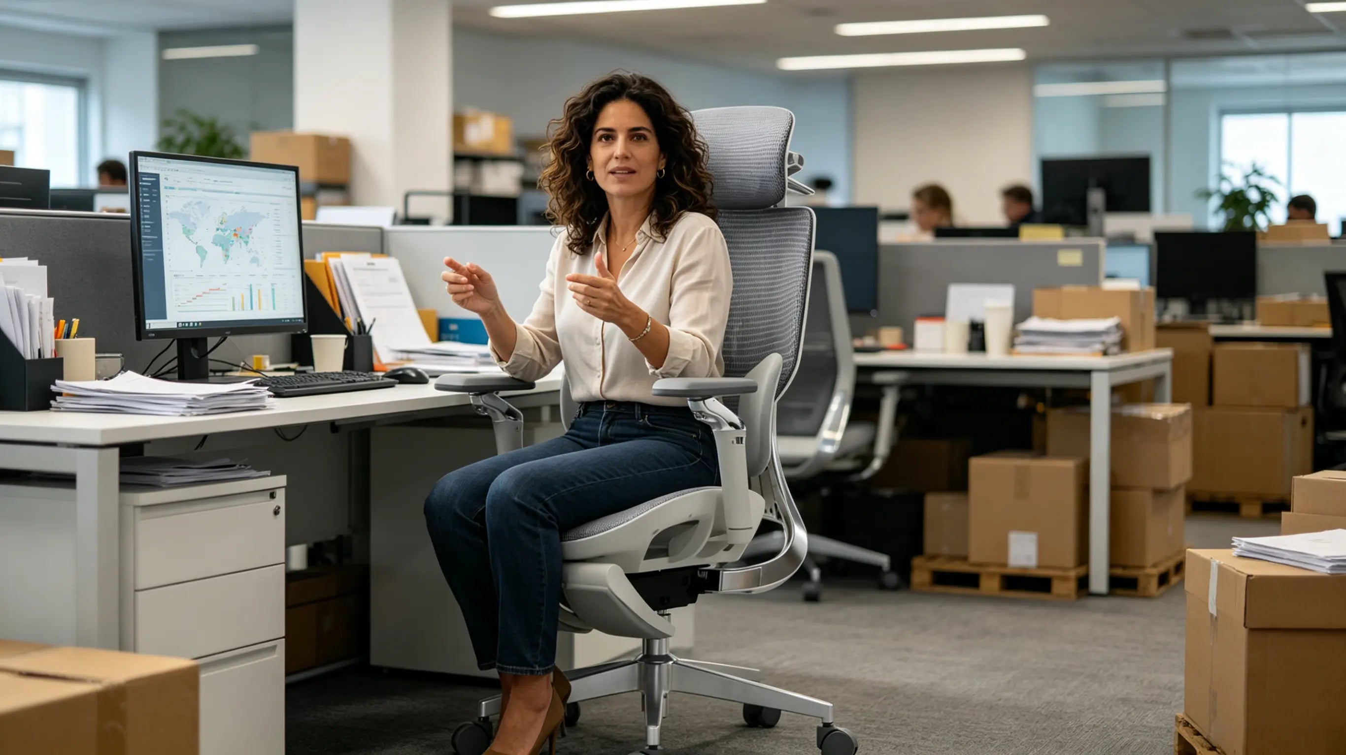 Sofía, gerente de e-commerce de moda de 39 años, analizando tendencias sentado en su ergonomic office chair Ergo Select en su oficina de Madrid.