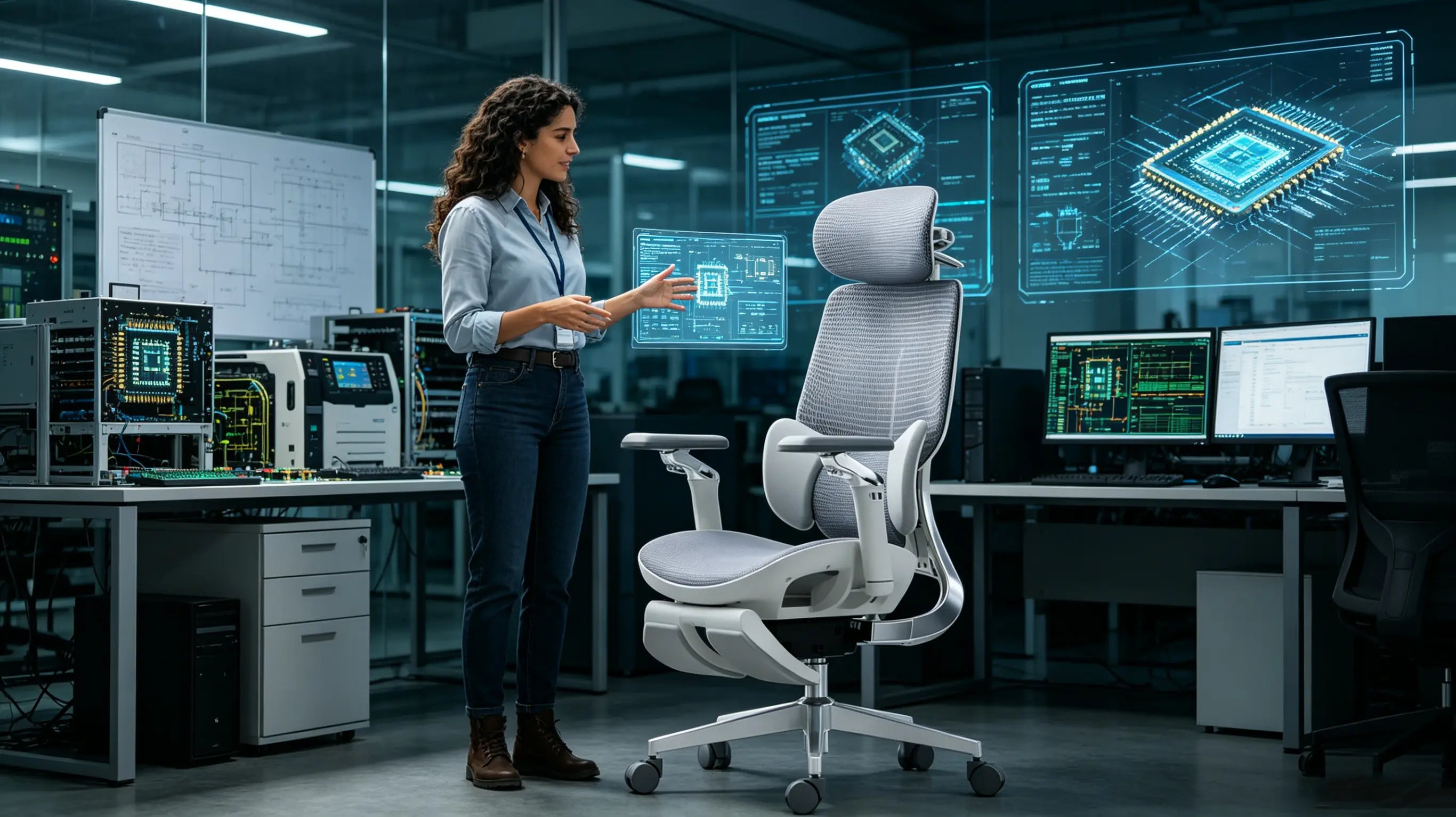 Doña Carla, una ingeniera de diseño de semiconductores de 31 años, analizando layouts de microchips sentada en su ergonomic office chair Ergo Select en Madrid.