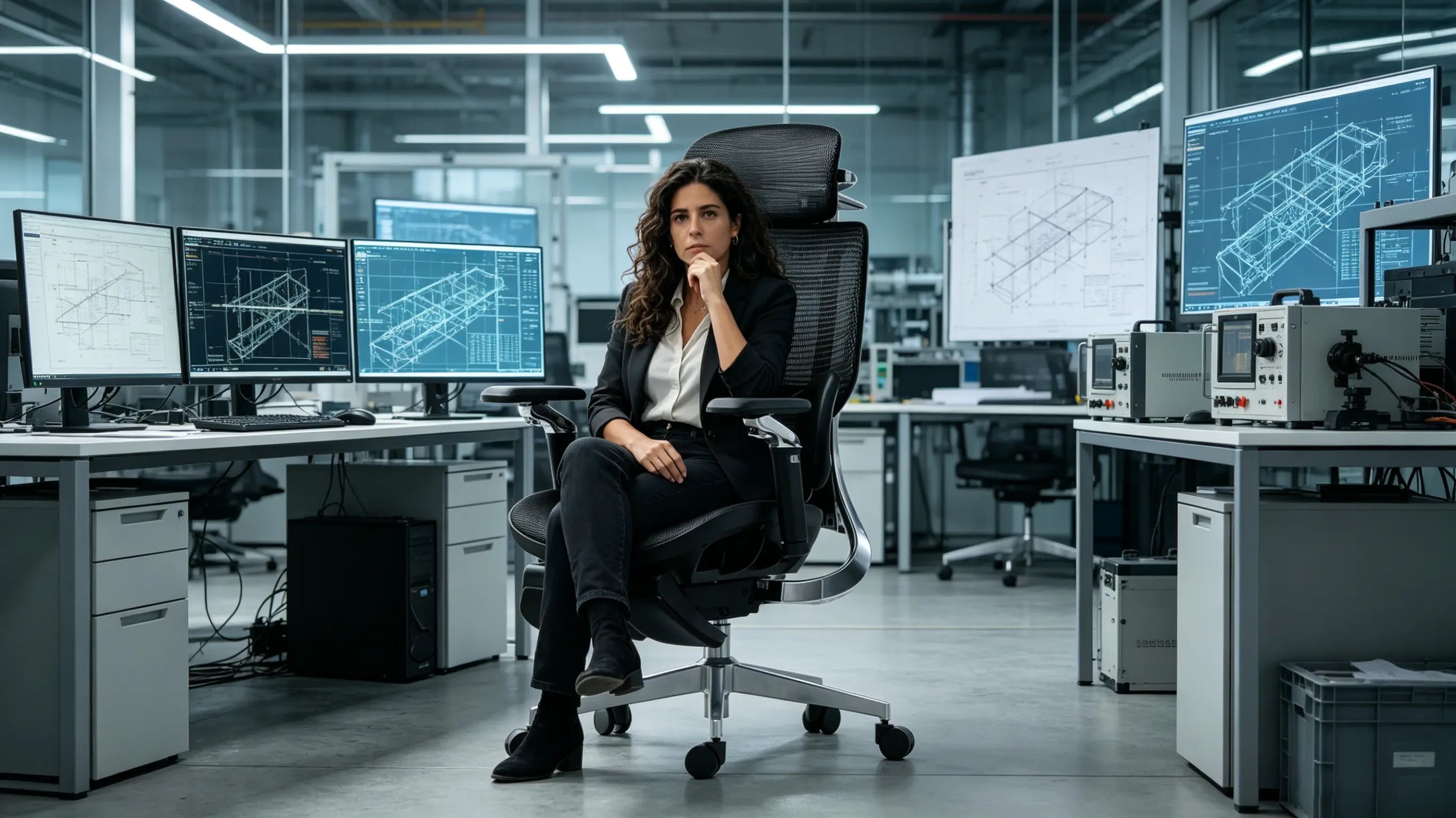 Doña Sofía, una ingeniera sísmica de 38 años, analizando modelos dinámicos de edificios sentada en su silla oficina Ergo Select en Madrid.