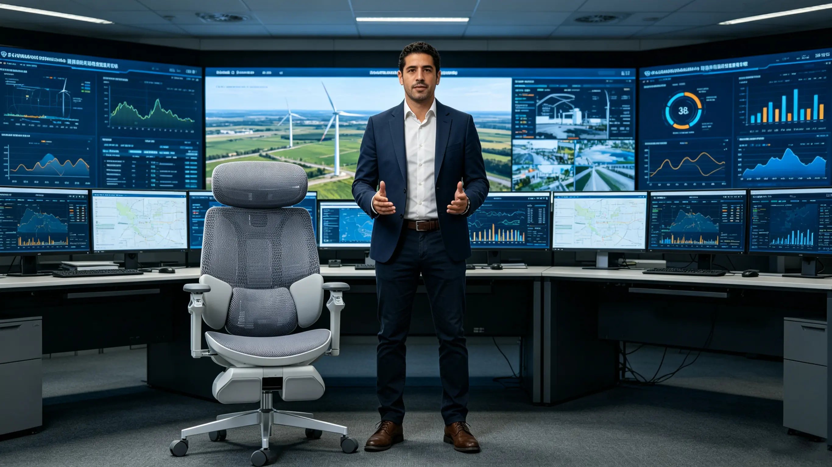 Don Diego, un analista de energía eólica de 38 años, optimizando turbinas sentado en su silla ergonómica Ergo Select en Zaragoza.