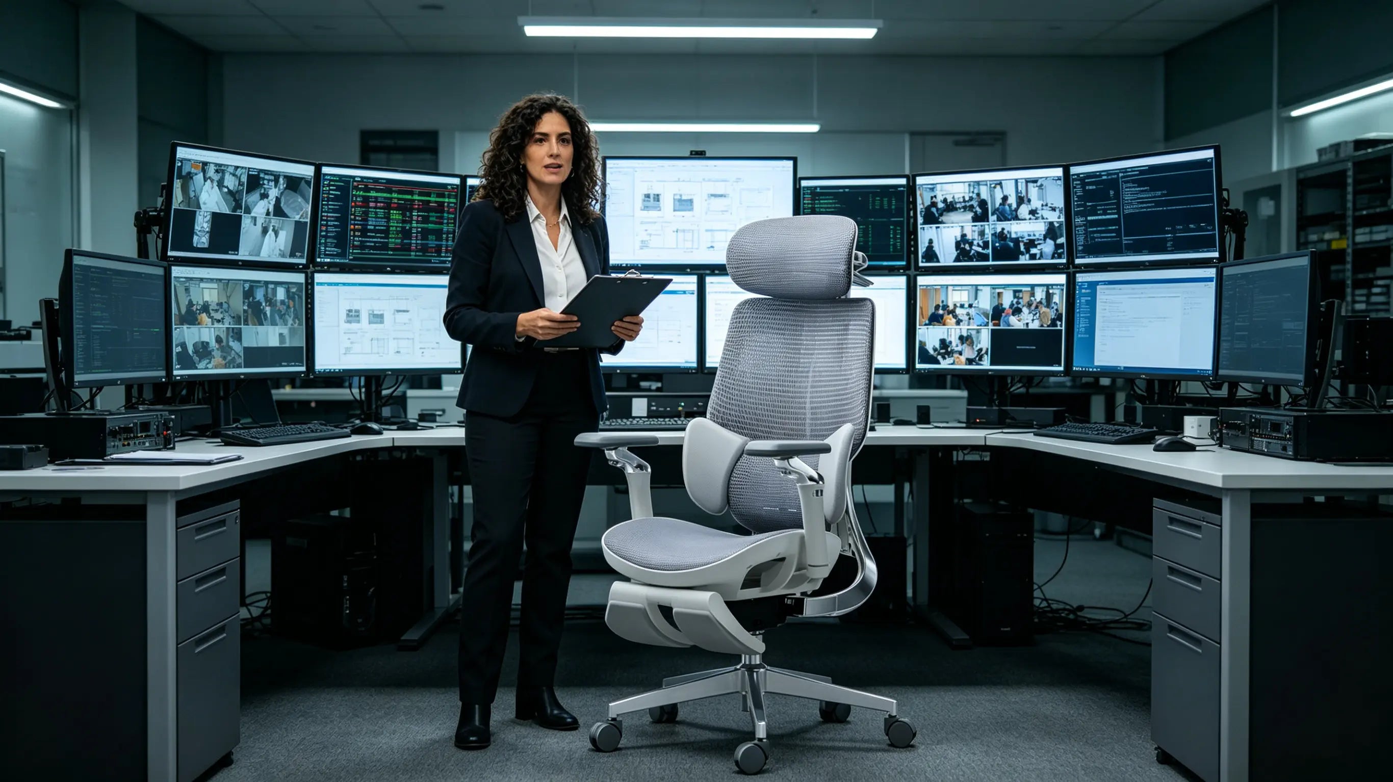 Detalle del soporte lumbar ajustable de la silla Ergo Select, ideal para mantener la estabilidad del tronco durante el análisis de Big Data judicial.