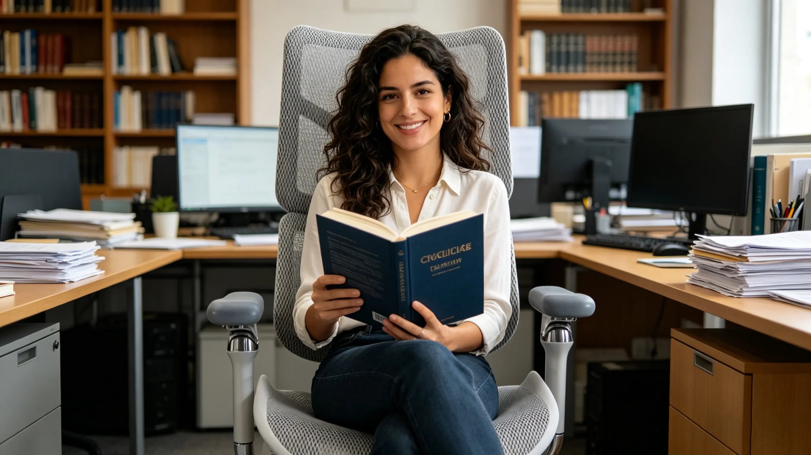 Inés reviewing translation documents while sitting on her sillón ergonómico of Ergo Select in Cáceres.