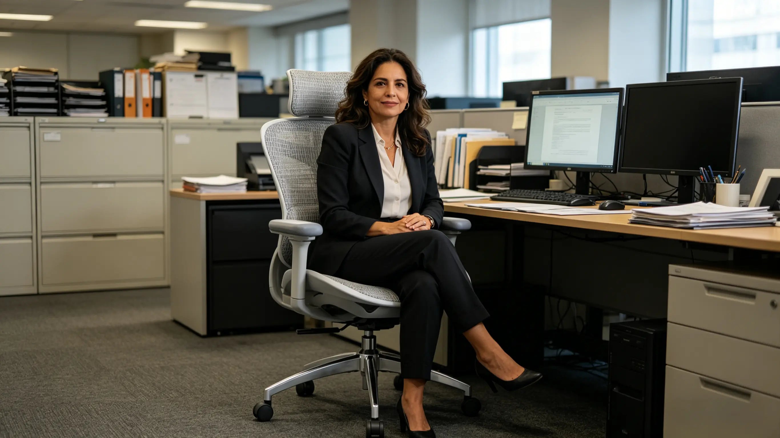 Sarah conducting investment due diligence while sitting on her High Back Ergonomic Mesh Task Chair in a Manhattan office.