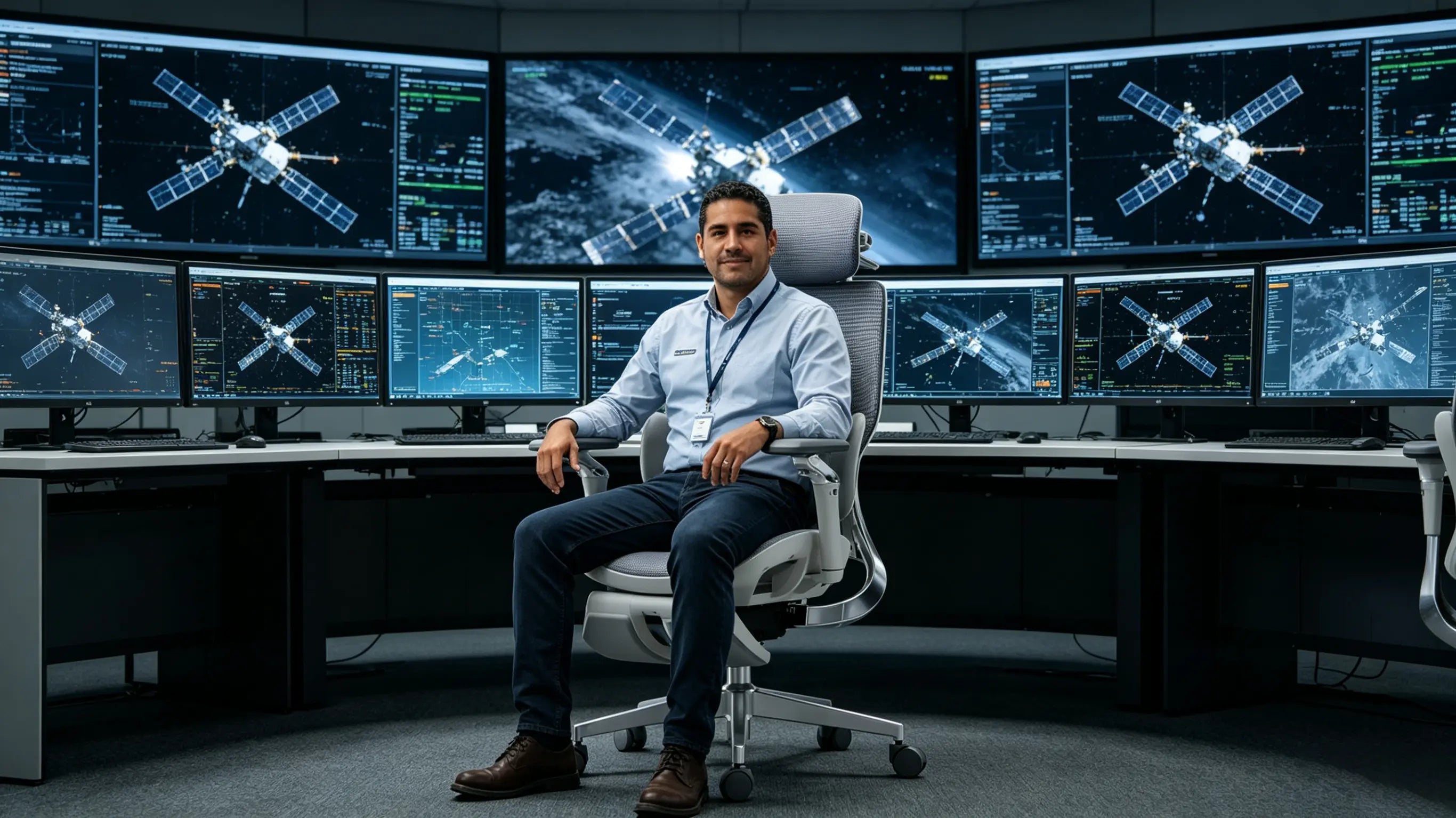 Don Marcos, un analista aeroespacial de 39 años, monitorizando sistemas satelitales sentado en su silla ergonómica Ergo Select en Madrid.