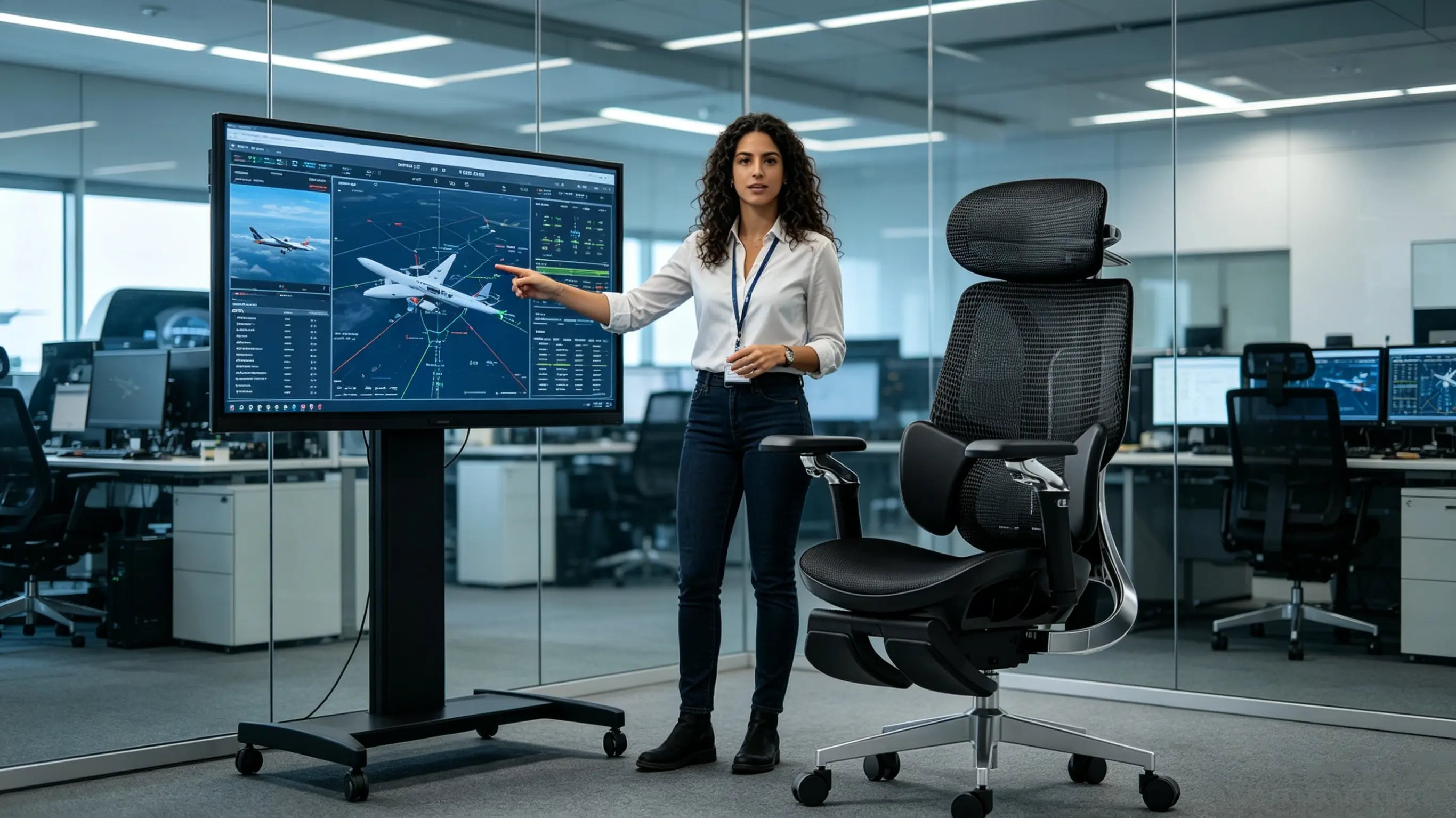 Doña Sofía, una ingeniera aeronáutica de 29 años, analizando sistemas de vuelo sentada en su silla oficina Ergo Select en Madrid.