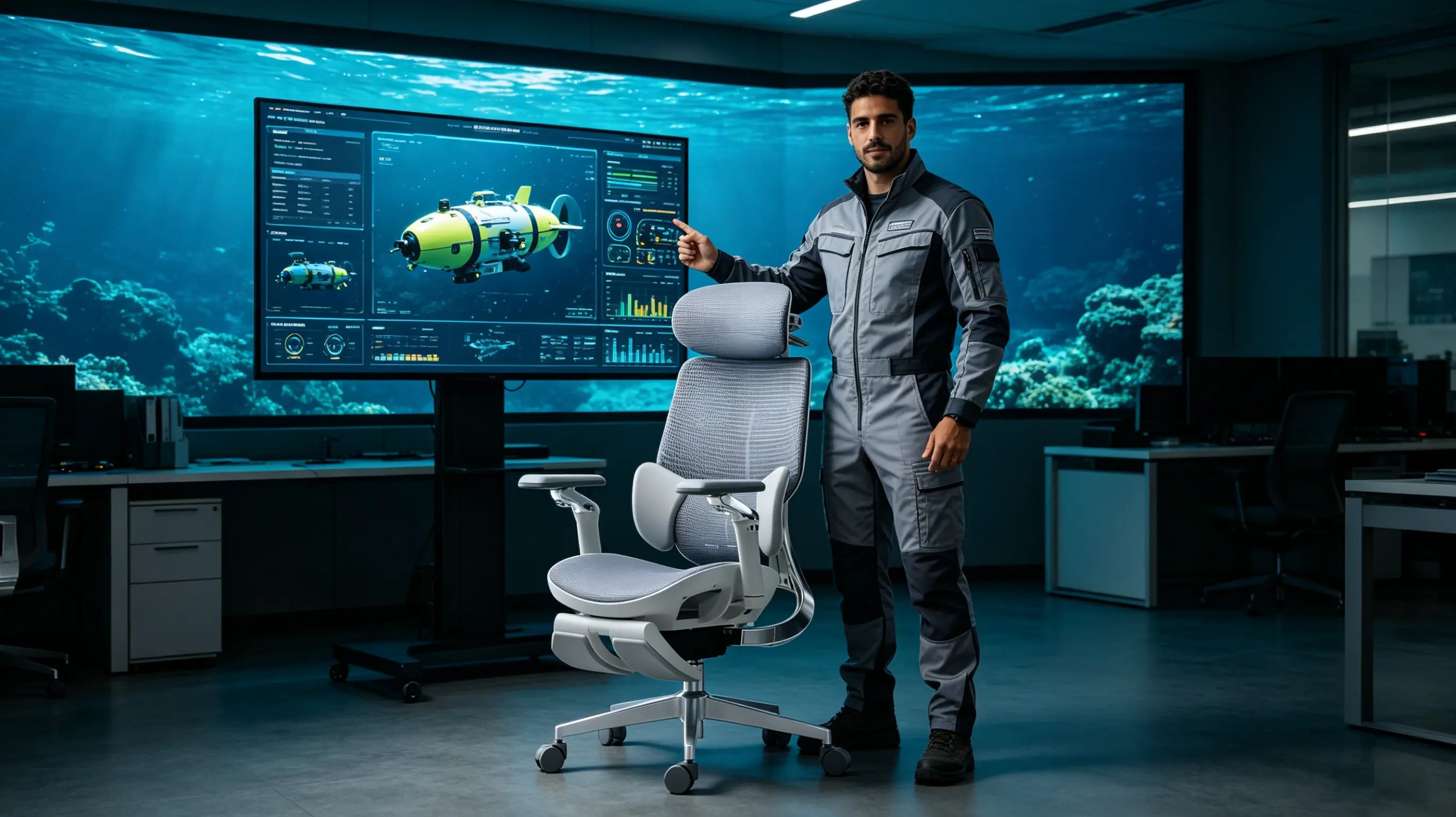 Don Adrián, un operador de ROV de 35 años, monitorizando el fondo marino sentado en su silla ergonómica Ergo Select en Vigo.