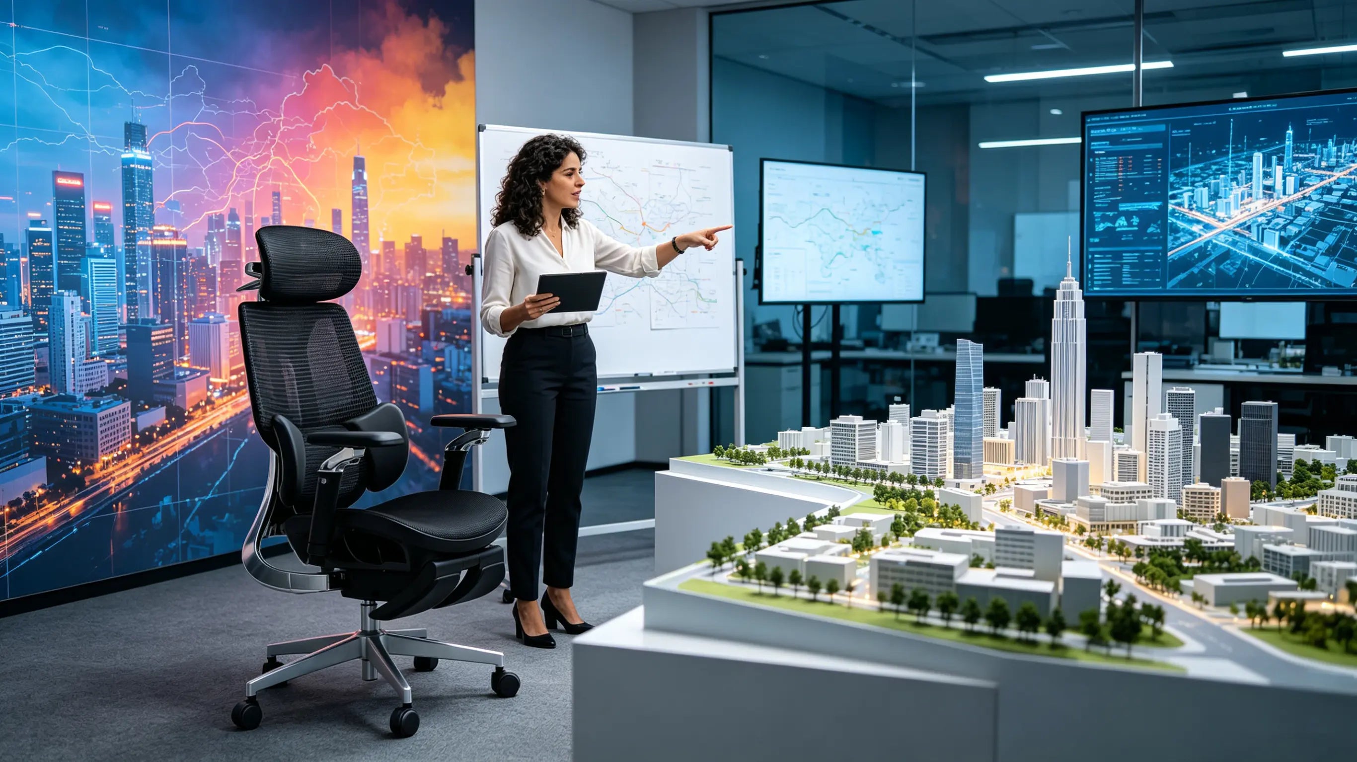 Lucía, una urbanista de 35 años, analizando mapas de calor urbanos en su ergonomic office chair Ergo Select en Madrid.