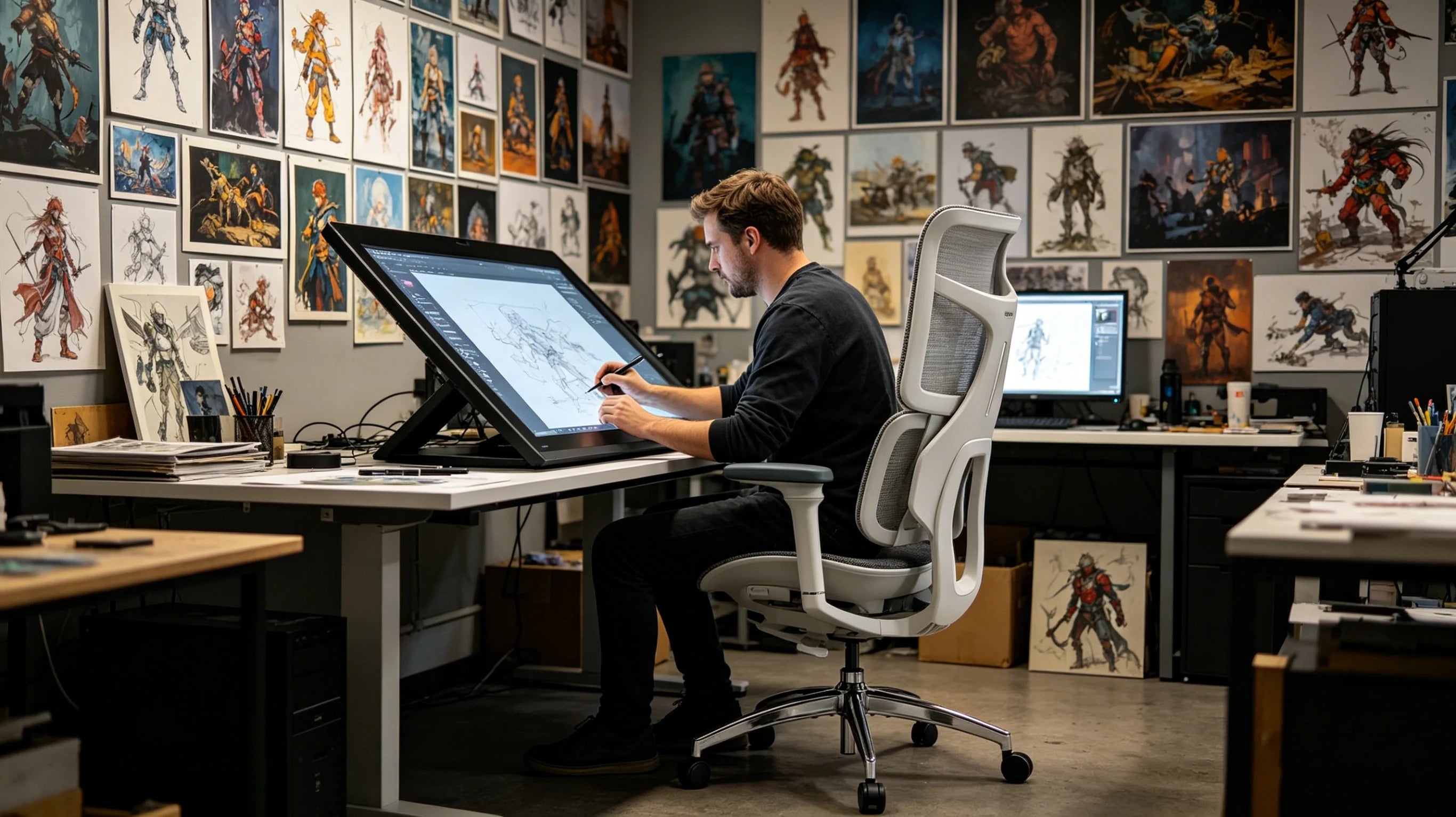 Close-up of the 4D armrests on the ergonomic office chair providing stability for digital painting.