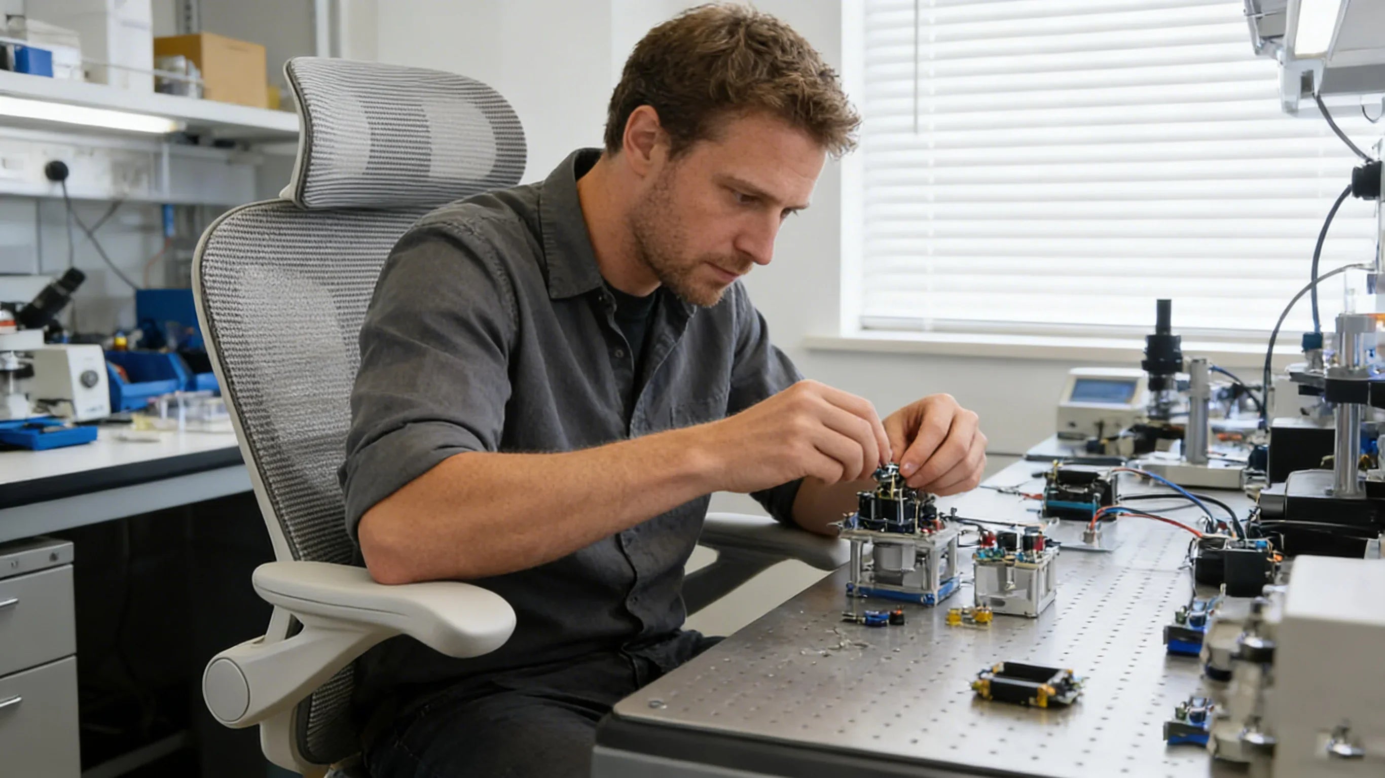 A senior hardware engineer in Seattle sitting in an ergo office chair with 3D armrests.