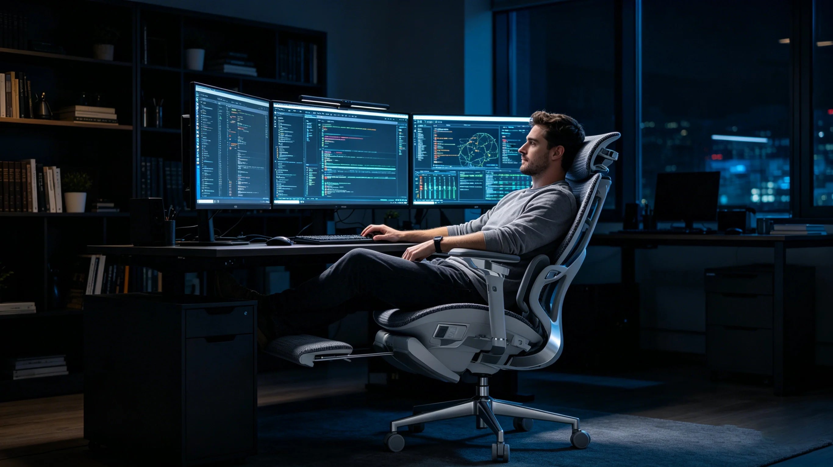 Die multidimensionalen Robotic Arm Armlehnen am Ergo Select Bürostuhl ergonomisch.