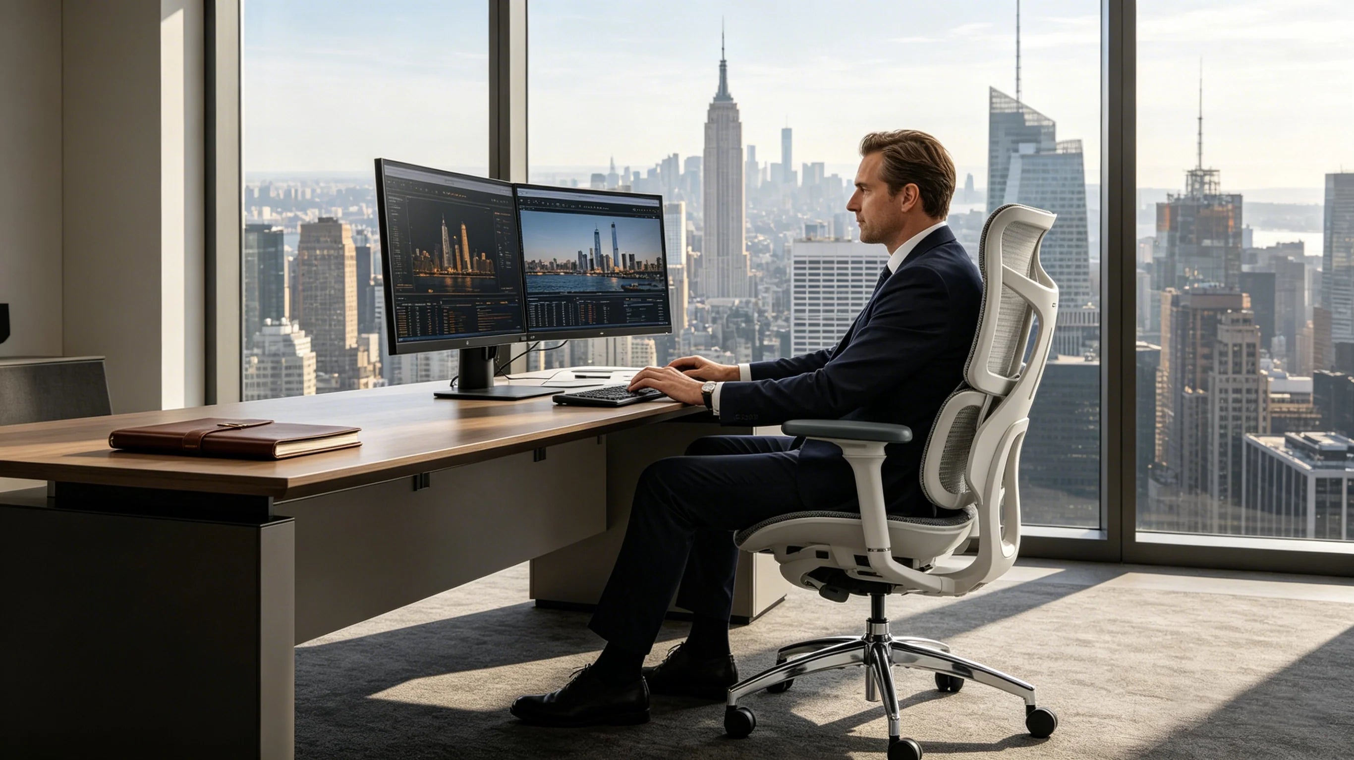 Rear view showing the industrial design and high-elasticity mesh of the Ergo Select best desk chair.