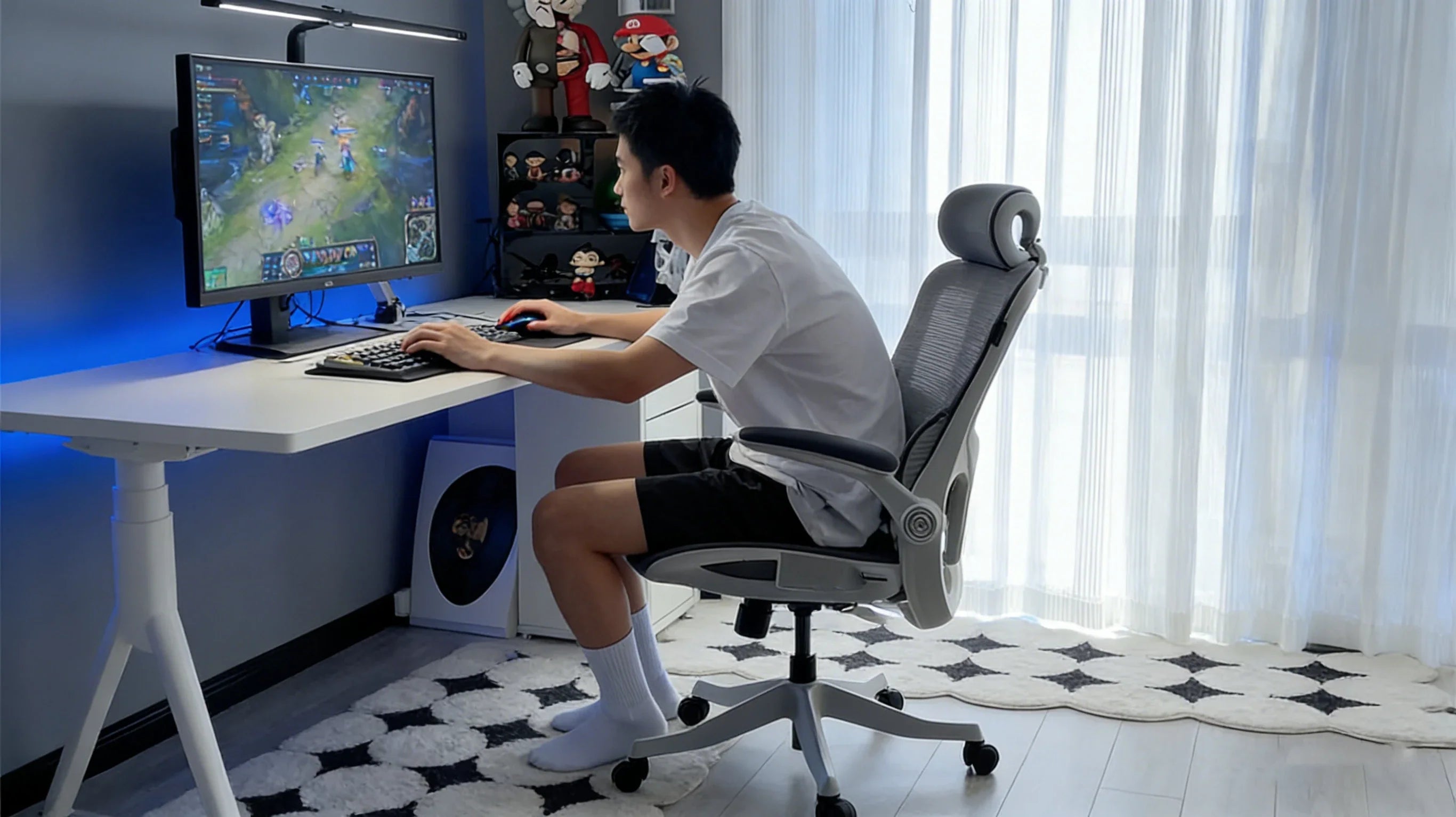 A professional eSports player focused on a triple-monitor setup while seated in a high-performance chair desk ergonomics seat.