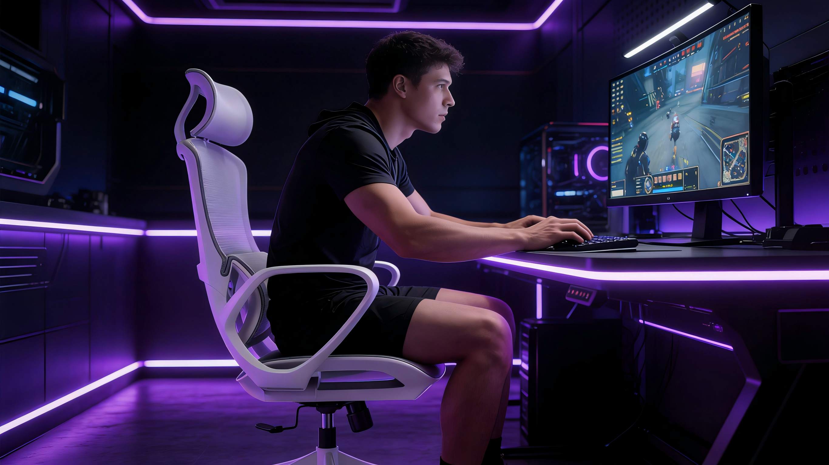 Precision sliding seat depth on a white gaming chair for professional players