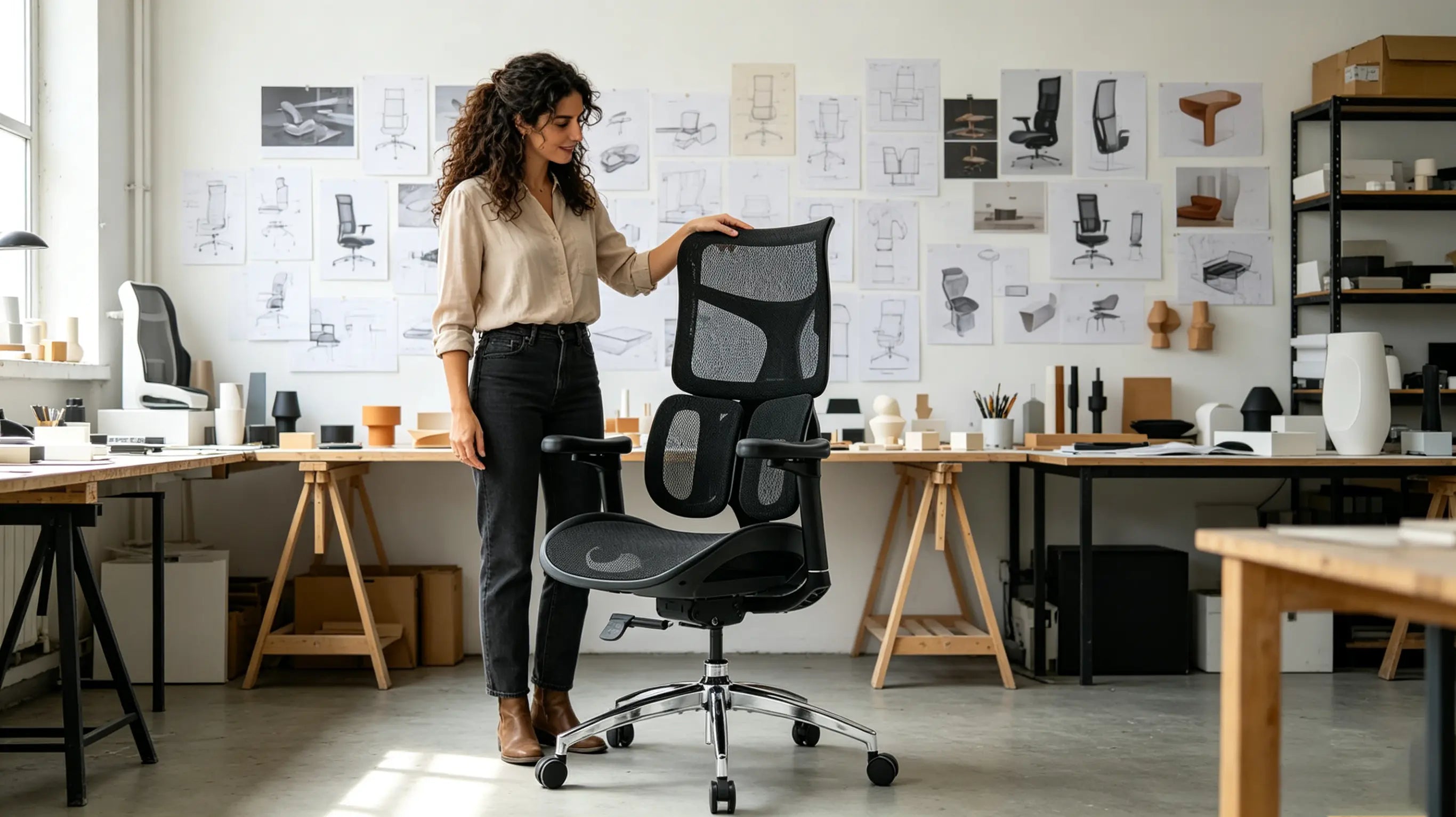 Isabel coordinando a su equipo sentado en sus nuevas sillas de escritorio ergonomicas en Barcelona.