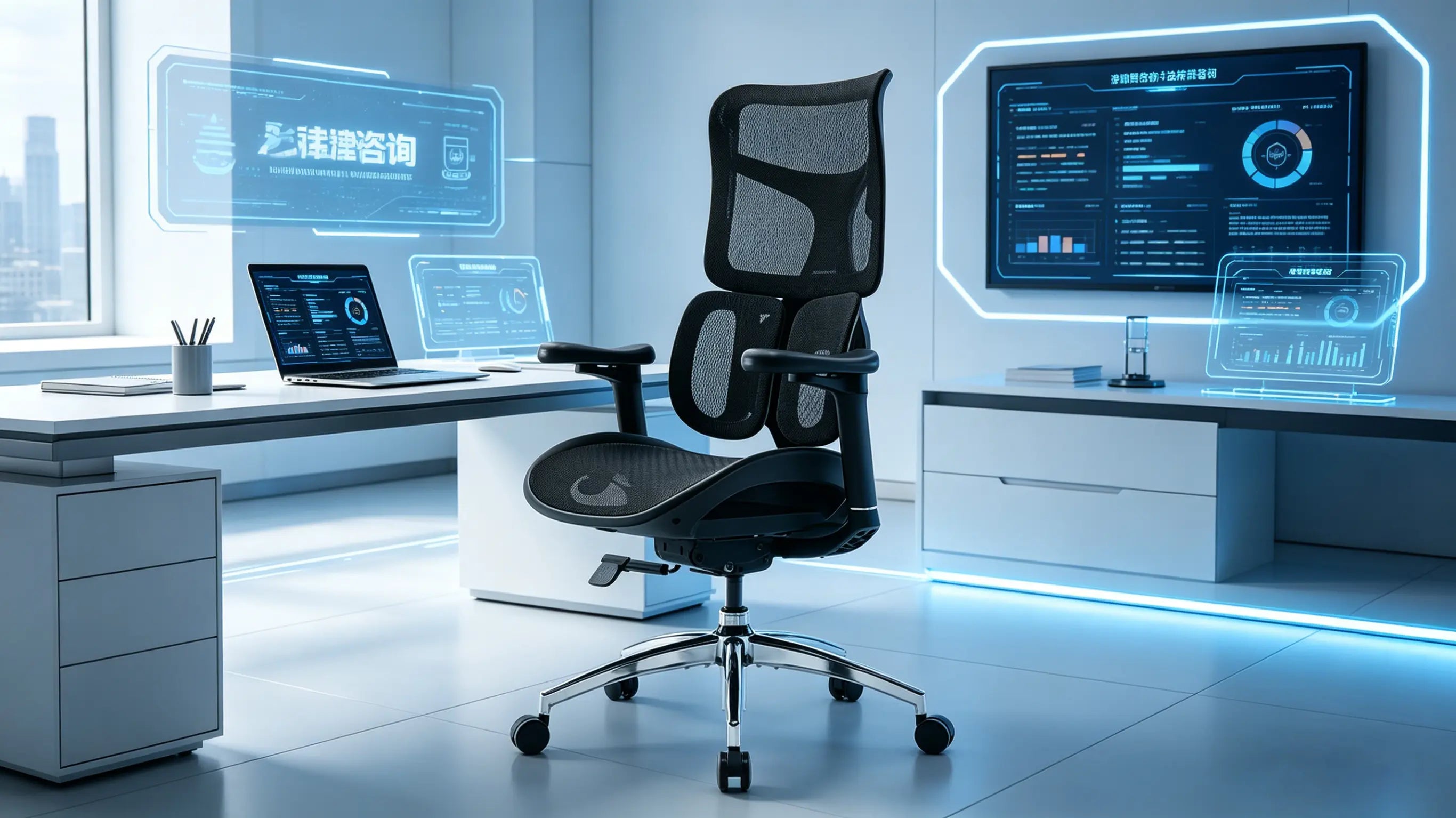 A legal professional maintaining a confident posture on the ergonomic desk chair during an online session.