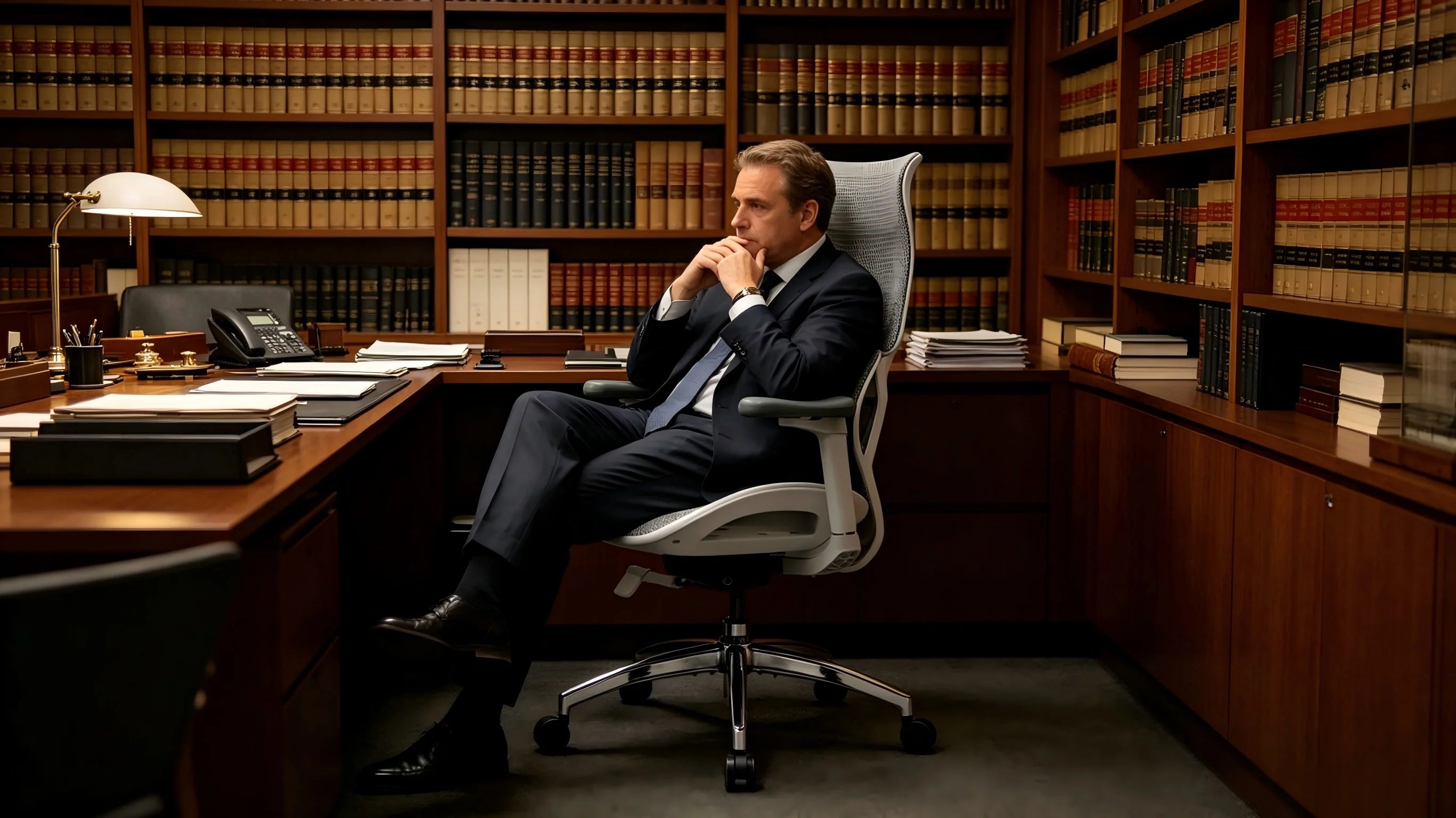 Close-up of the bionic dual-wing support on the ergonomic office chair providing spinal alignment for a legal advisor.