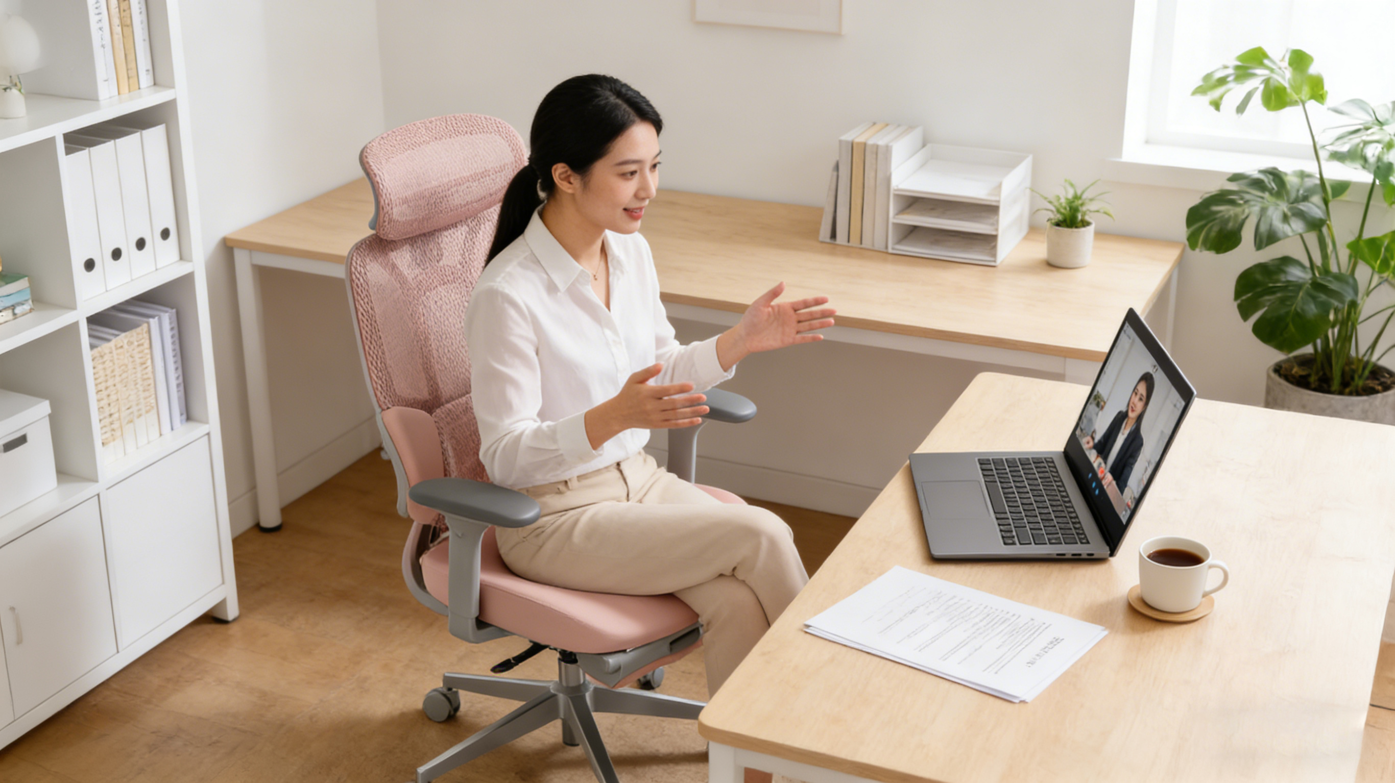 Professional home office setup with a chic pink ergo office chair