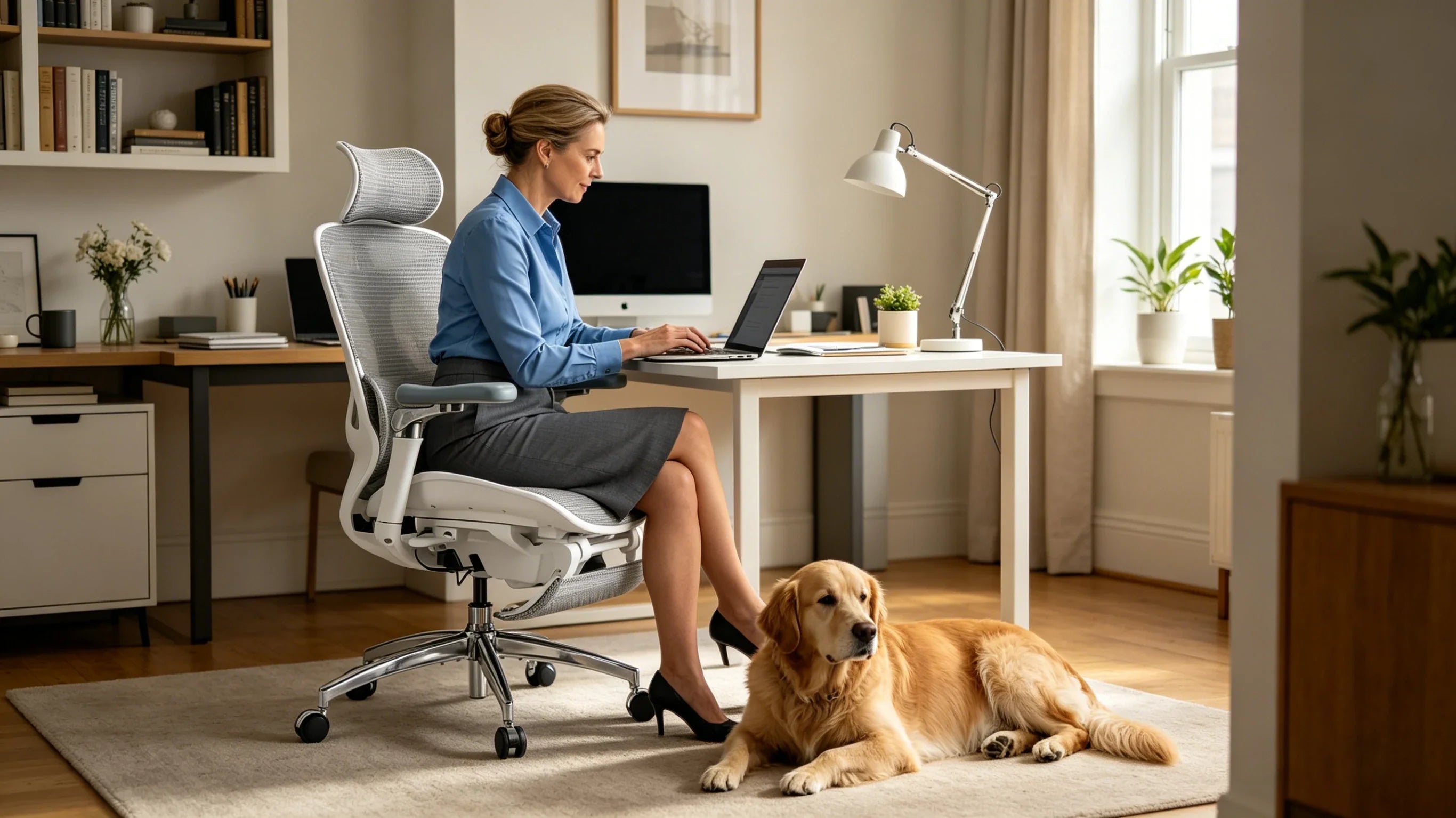 Full view of a 40-year-old female legal consultant in a silk shirt sitting in the [office chair ergonomic] in her home library.