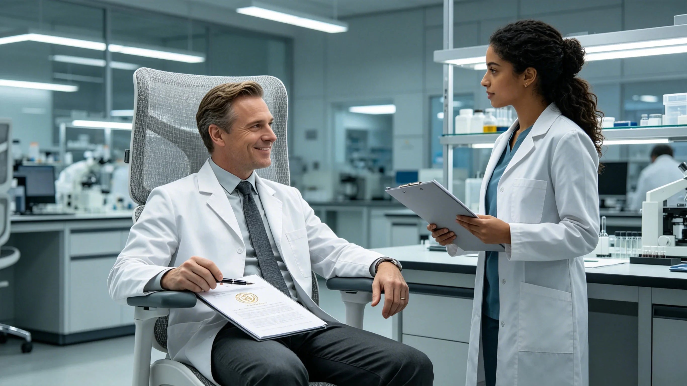 Full body shot of Valerius Vance sitting intently in the [best office desk chair for back pain] at a nuclear radiology panel, total figure visible.