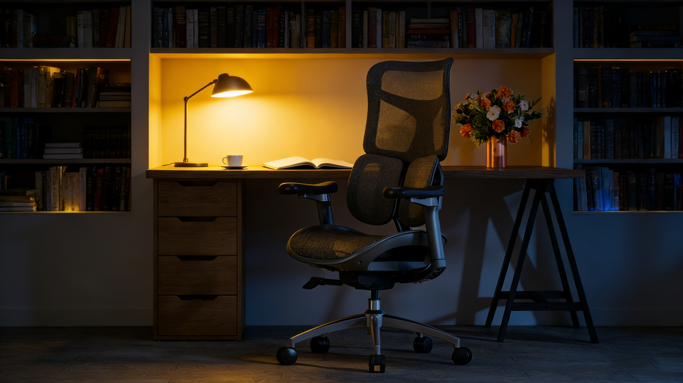 The Ergo Select Hybrid, a premium office chair for desk, positioned in a warm and quiet home library setup.