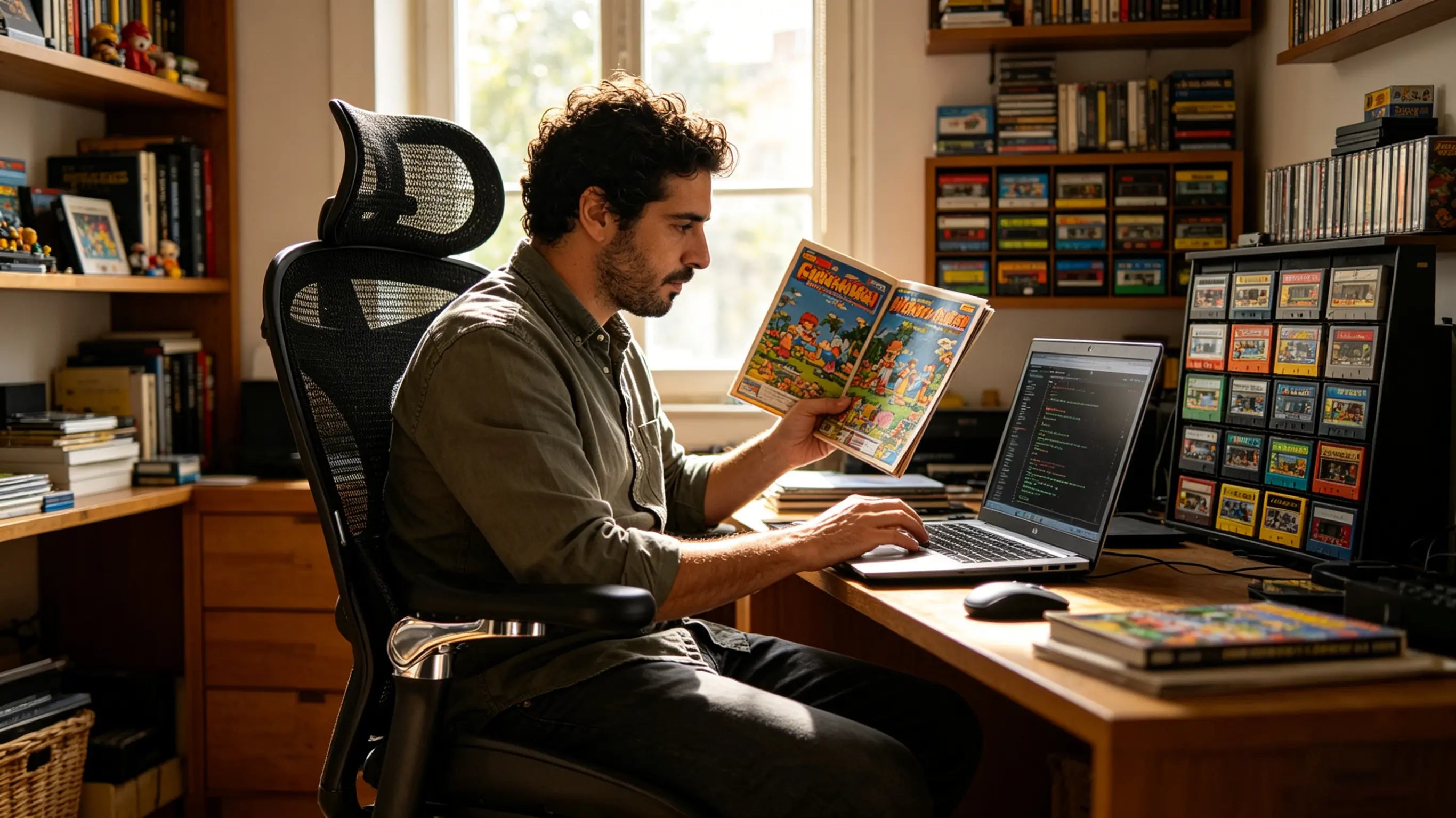 Rafa en su despacho de Sevilla utilizando la silla gamer ergonomica de Ergo Select para programar.