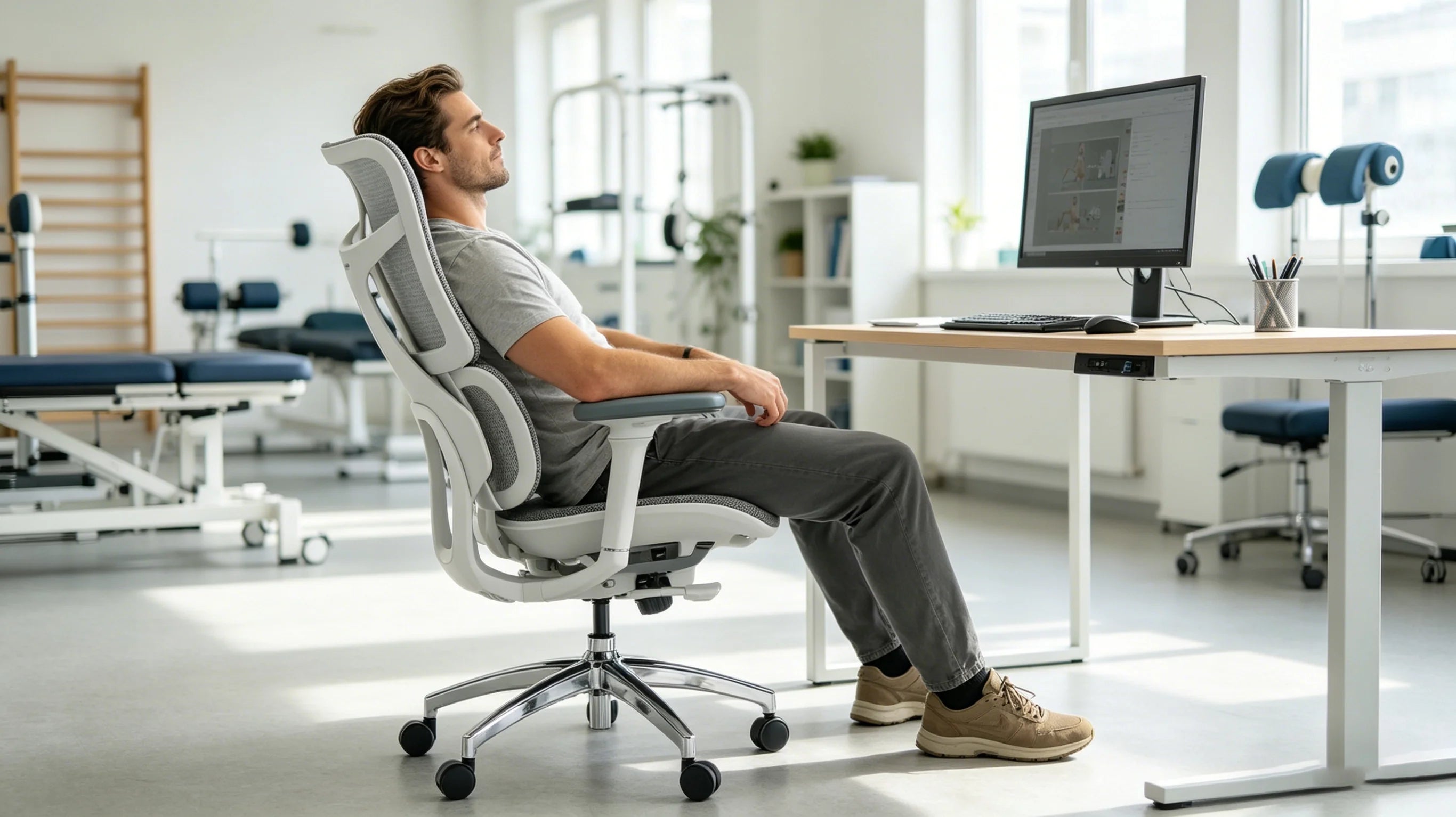 A professional utilizing the deep recline on the ergonomic chair for back pain for spinal decompression.