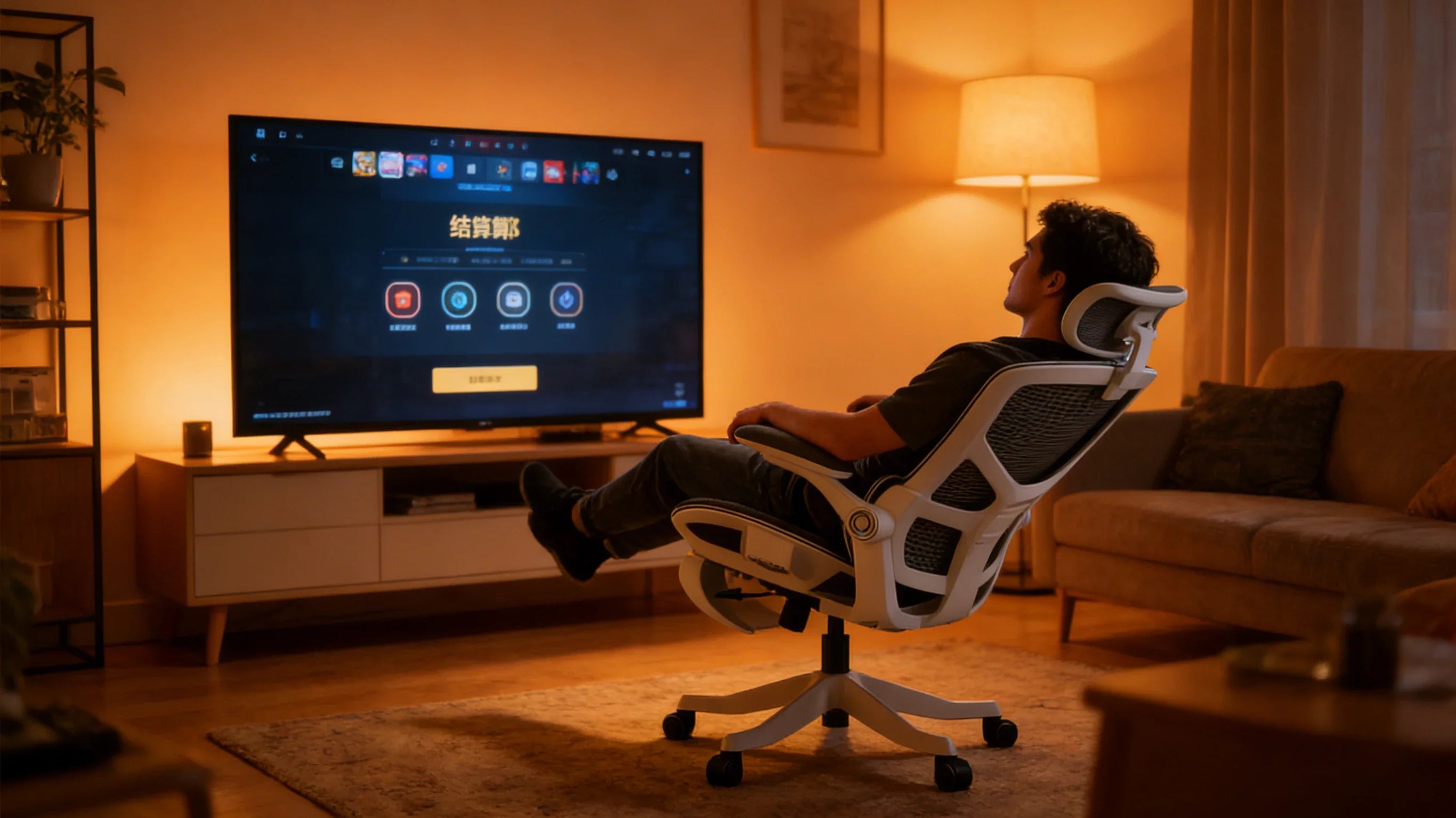 A relaxed gamer using a controller while reclining in a professional video game chair in a modern home theater.