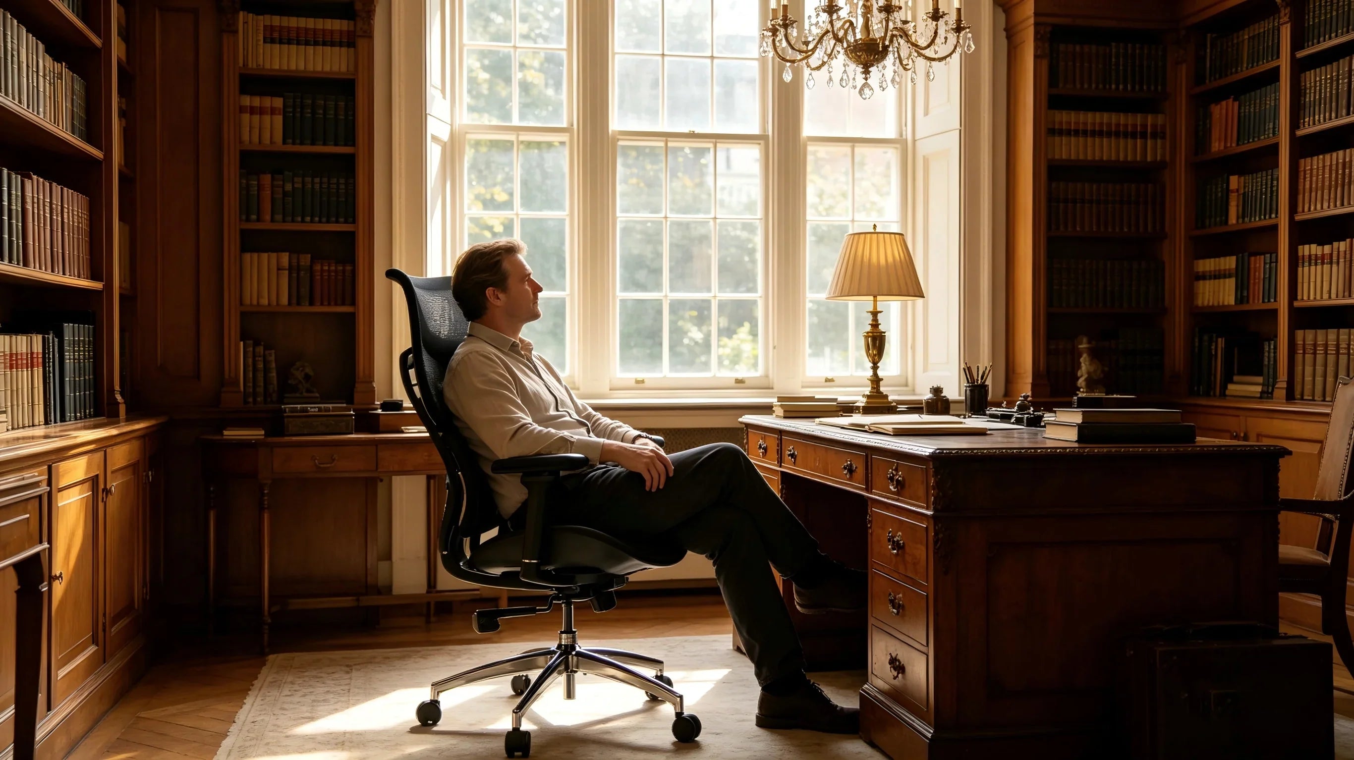 A writer utilizing the 140-degree recline on the ergonomic office chair for a moment of reflection.