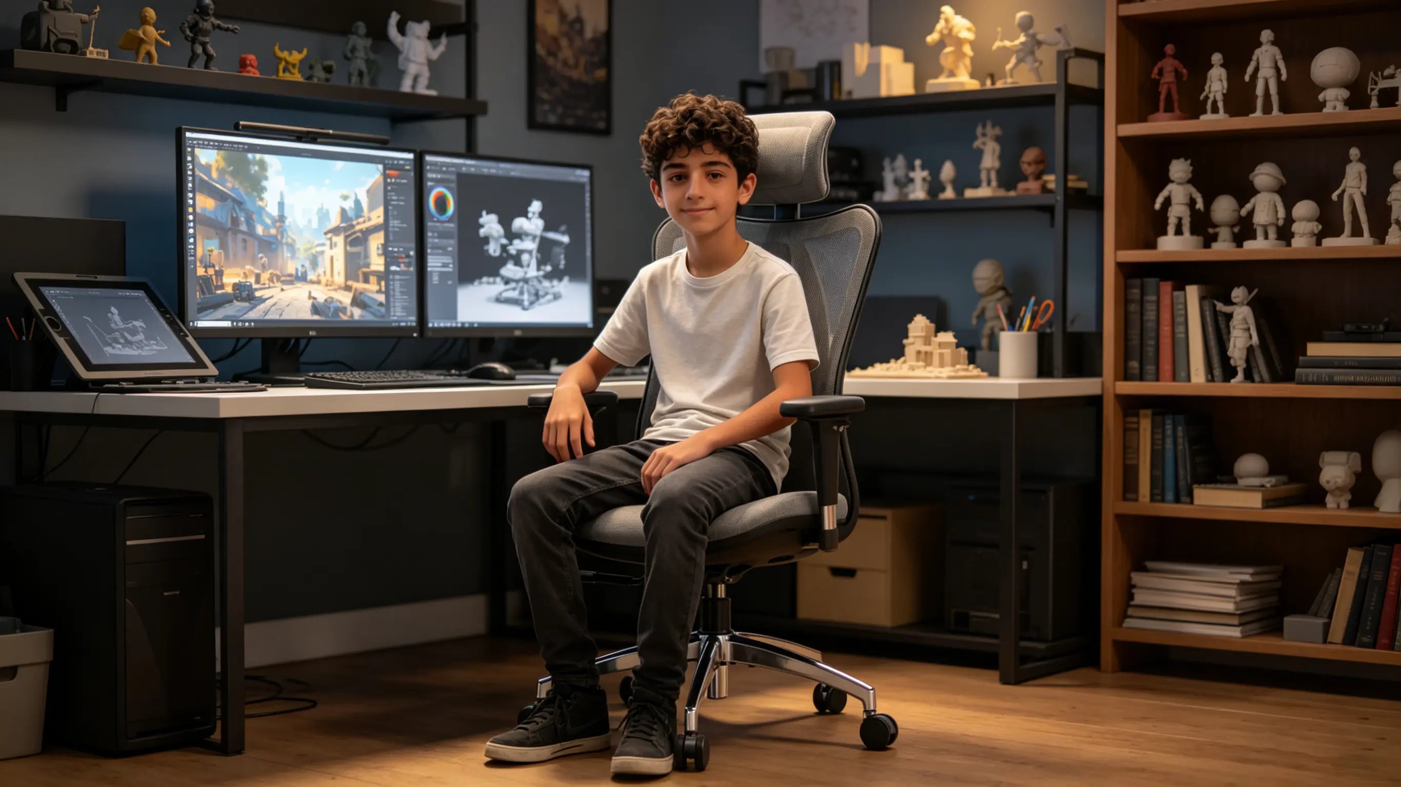 Martina, una joven diseñadora de entornos 3D de 16 años, esculpiendo maquetas digitales sentada en su silla ergonómica para escritorio Ergo Select en Madrid.