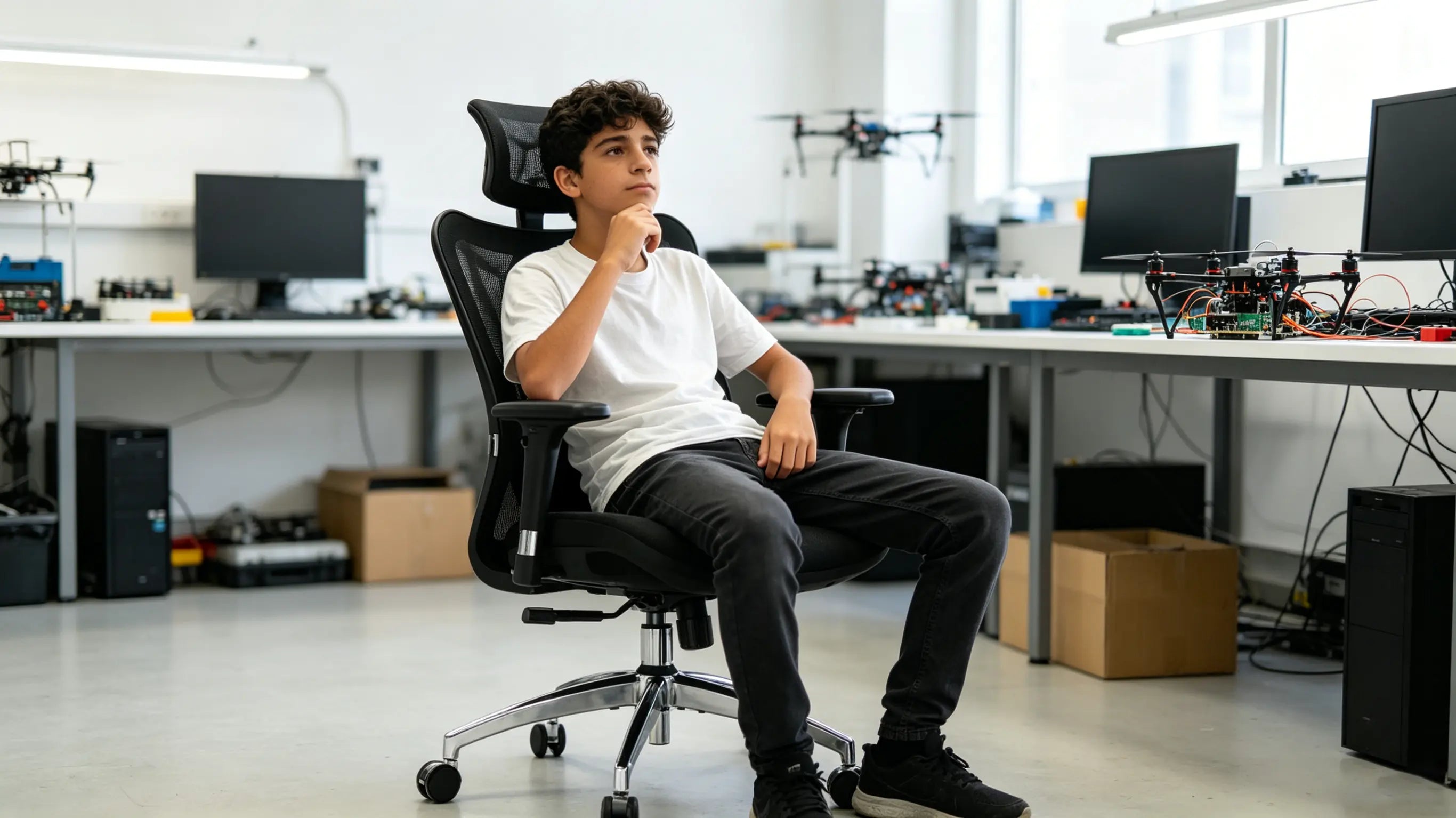 Hugo, un joven creador de tecnología de 16 años, analizando telemetría de drones sentado en su silla ergonómica para escritorio Ergo Select en Madrid.