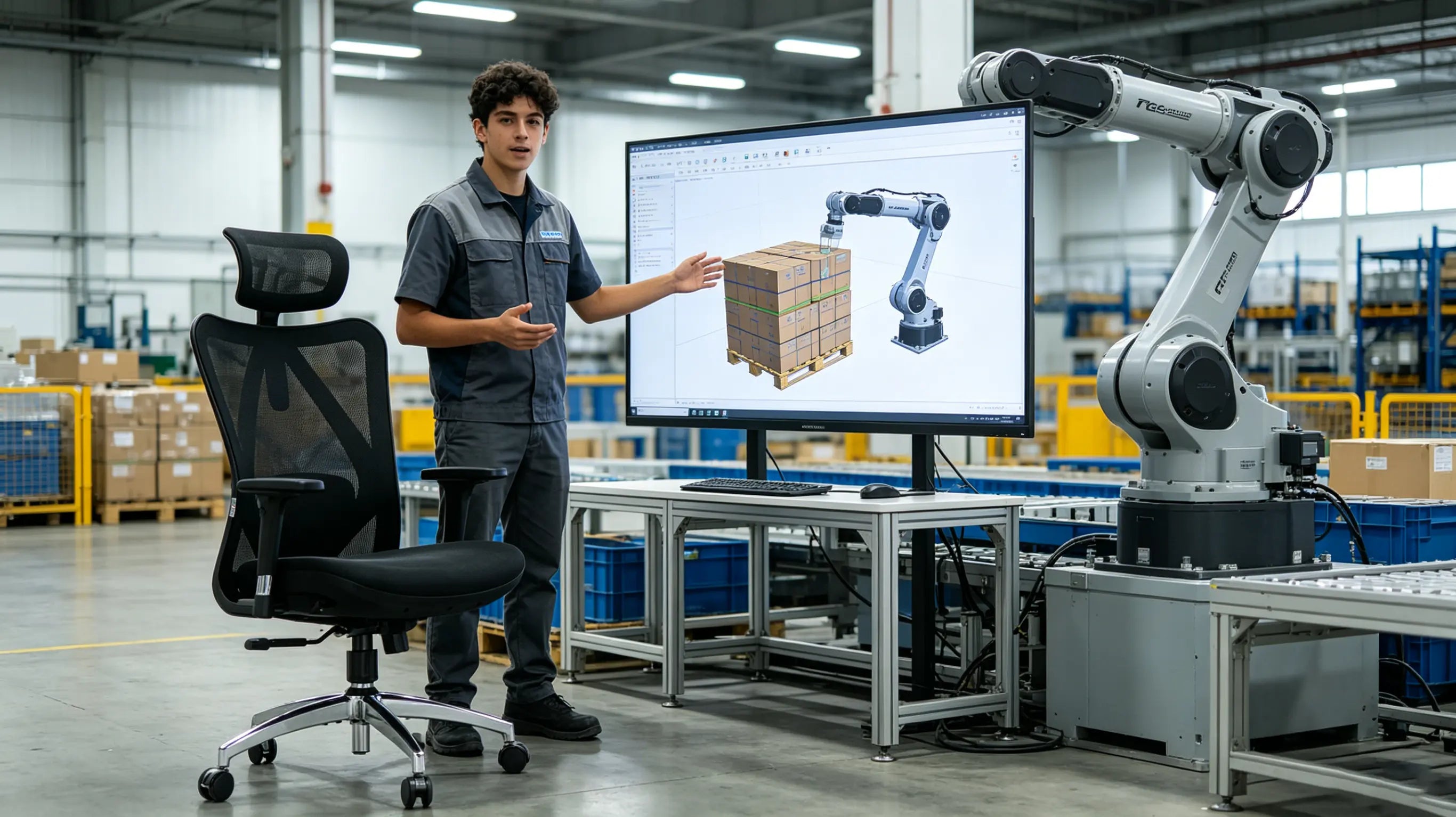 Hugo, un joven técnico de 16 años, analizando trayectorias de robótica de paletizado sentado en su silla ergonómica para escritorio Ergo Select en Barcelona.