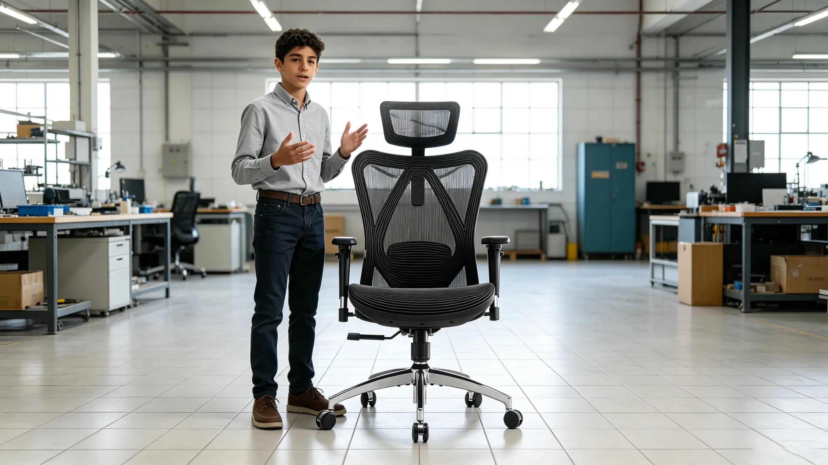 Hugo, un joven técnico de 16 años, analizando trayectorias de robótica de paletizado sentado en su silla de oficina Ergo Select en Madrid.