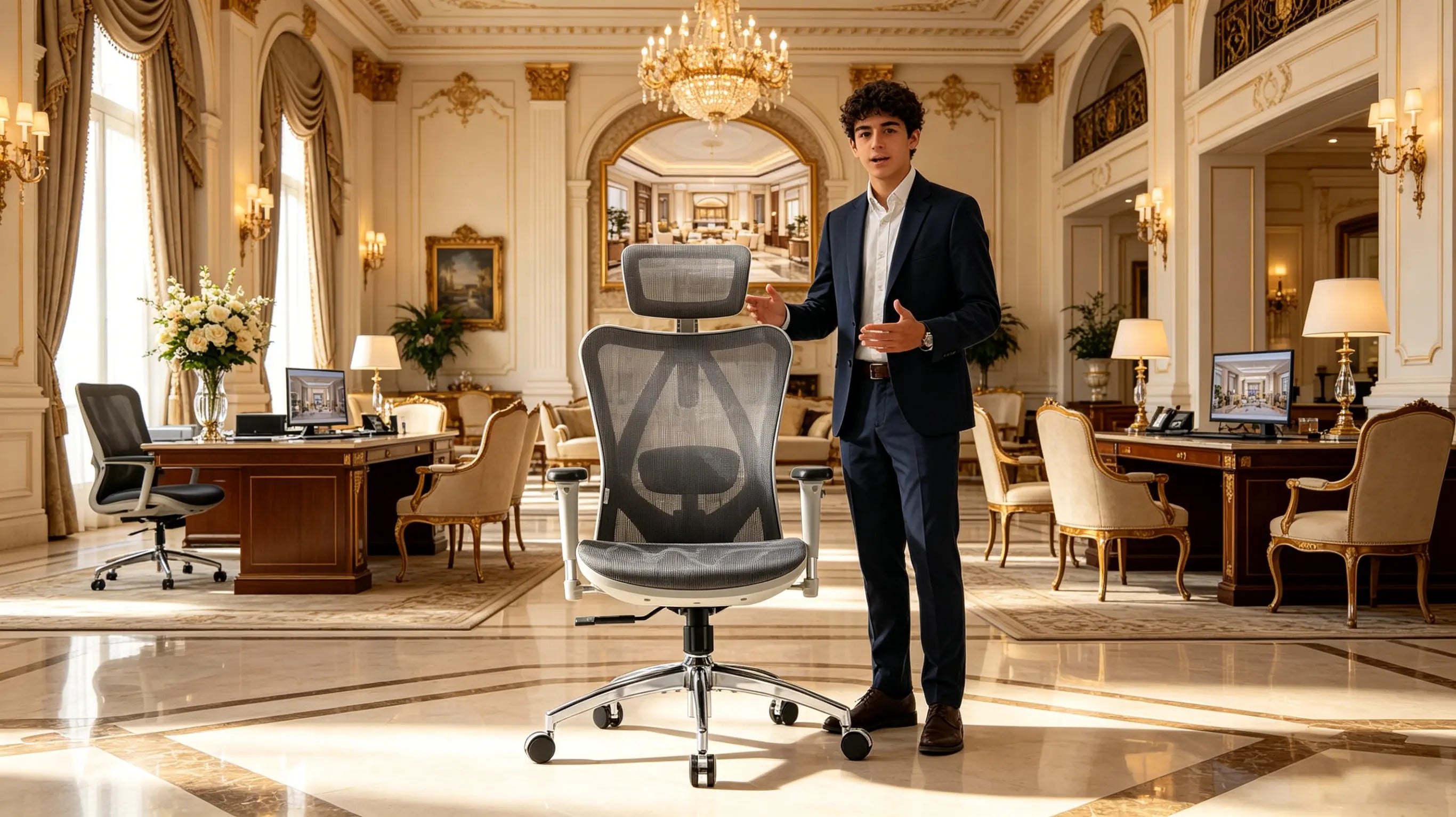 Hugo, un joven técnico de 16 años, analizando el renderizado 8K de una villa de lujo sentado en su silla ergonómica para escritorio Ergo Select en Marbella