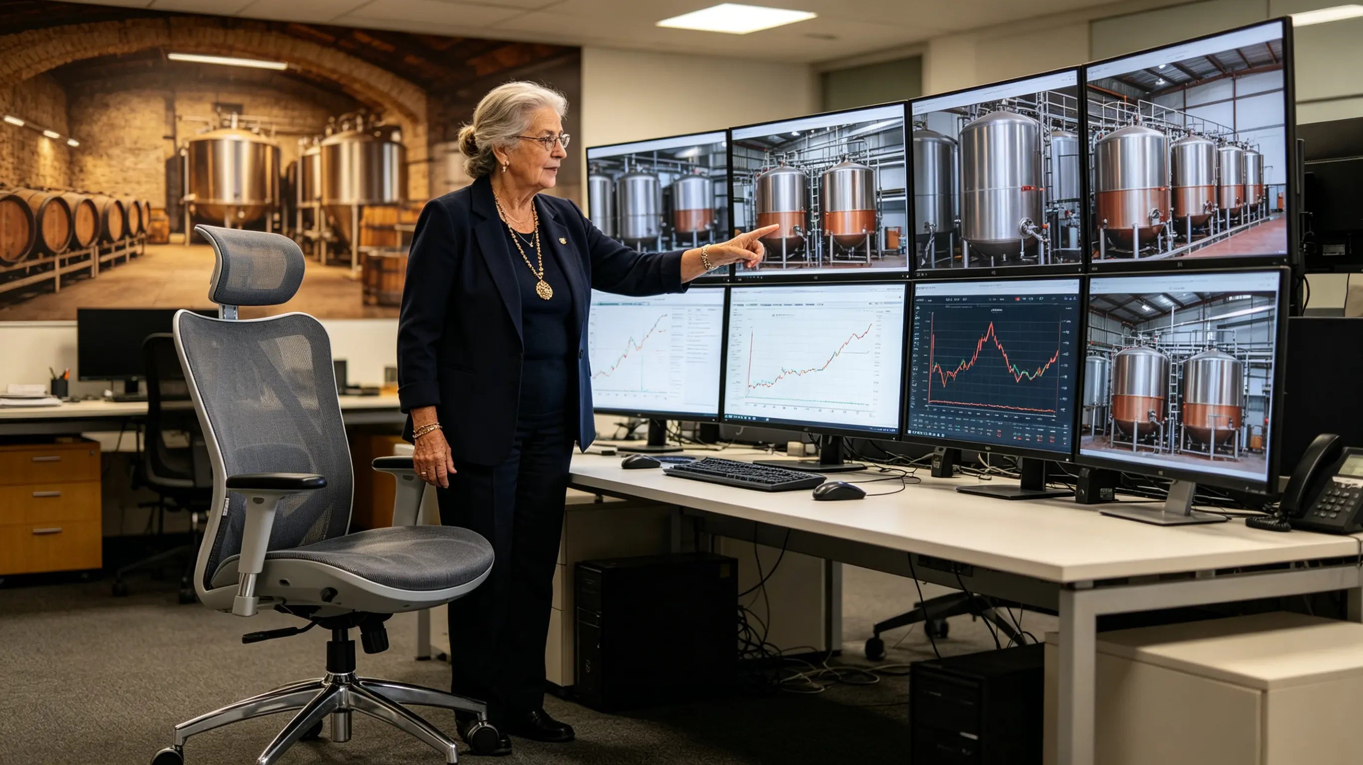 La doctora Inés, escritora e investigadora de 72 años, analizando datos de trazabilidad vinícola en su silla ergonómica de oficina Ergo Select en Barcelona