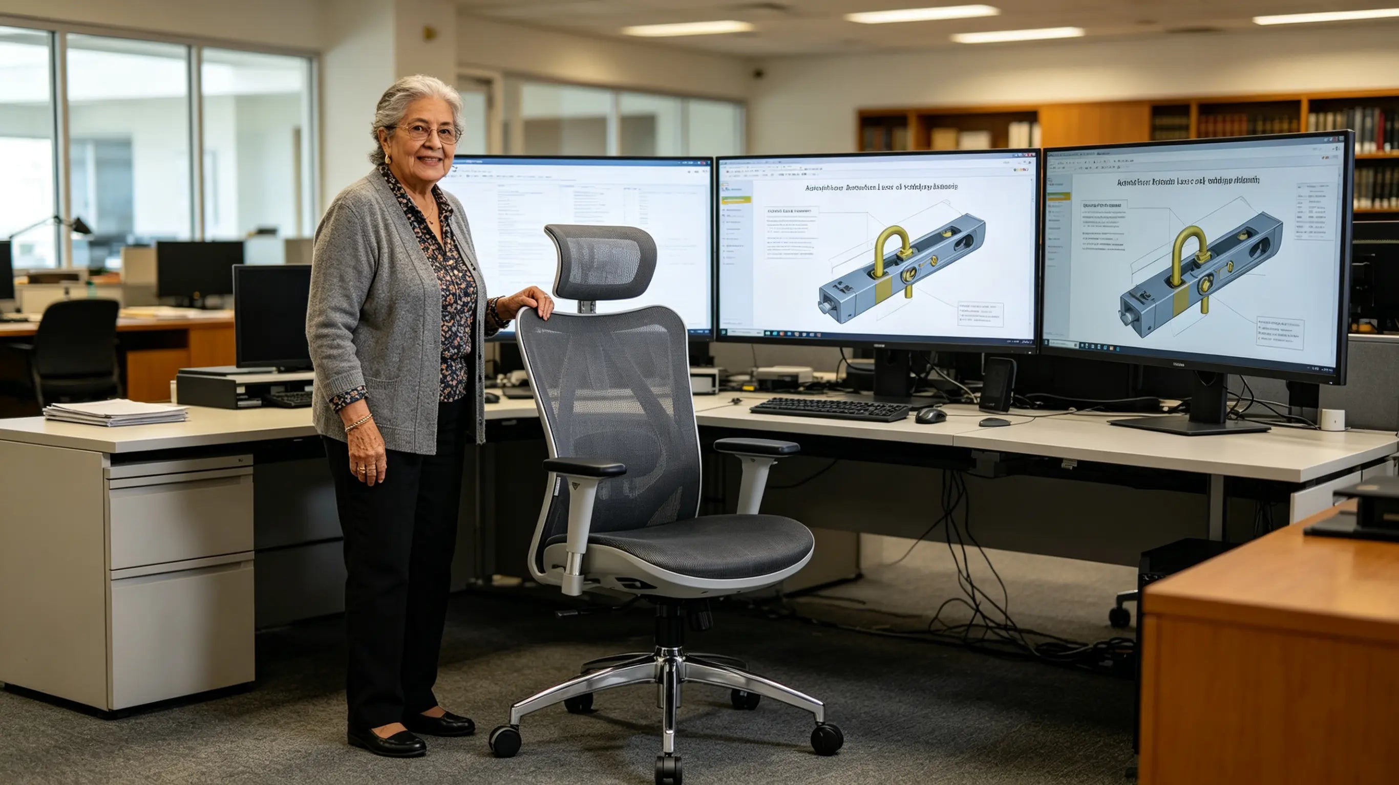 La doctora Luisa, escritora e investigadora de 71 años, analizando datos de corte de herrajes de lujo en su silla ergonómica de oficina Ergo Select en Barcelona.