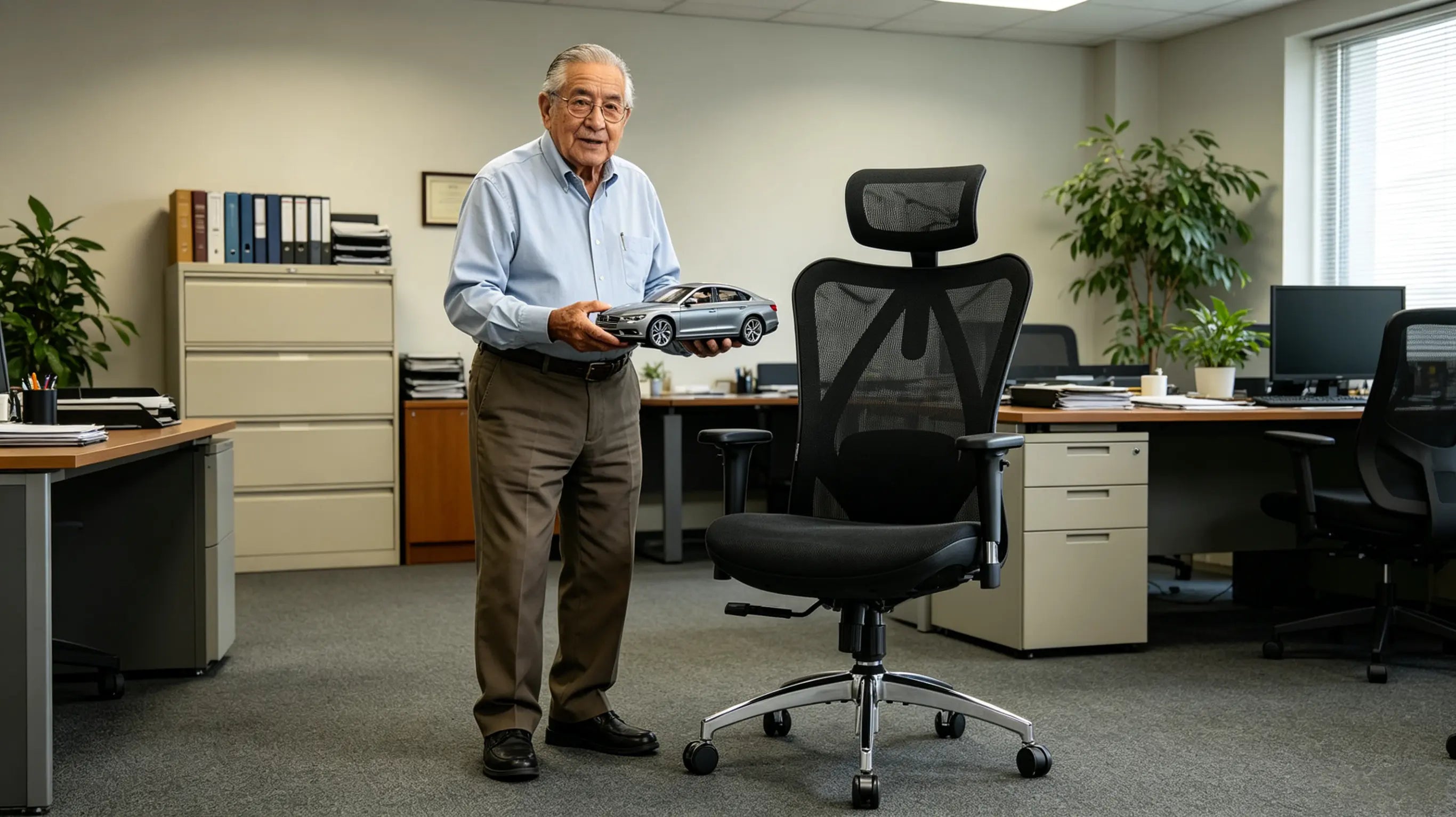 El doctor Tomás, ingeniero consultor de automoción de 72 años, analizando datos de resistencia estructural de herrajes y piezas CNC en su silla ergonómica para oficina Ergo Select en Madrid.