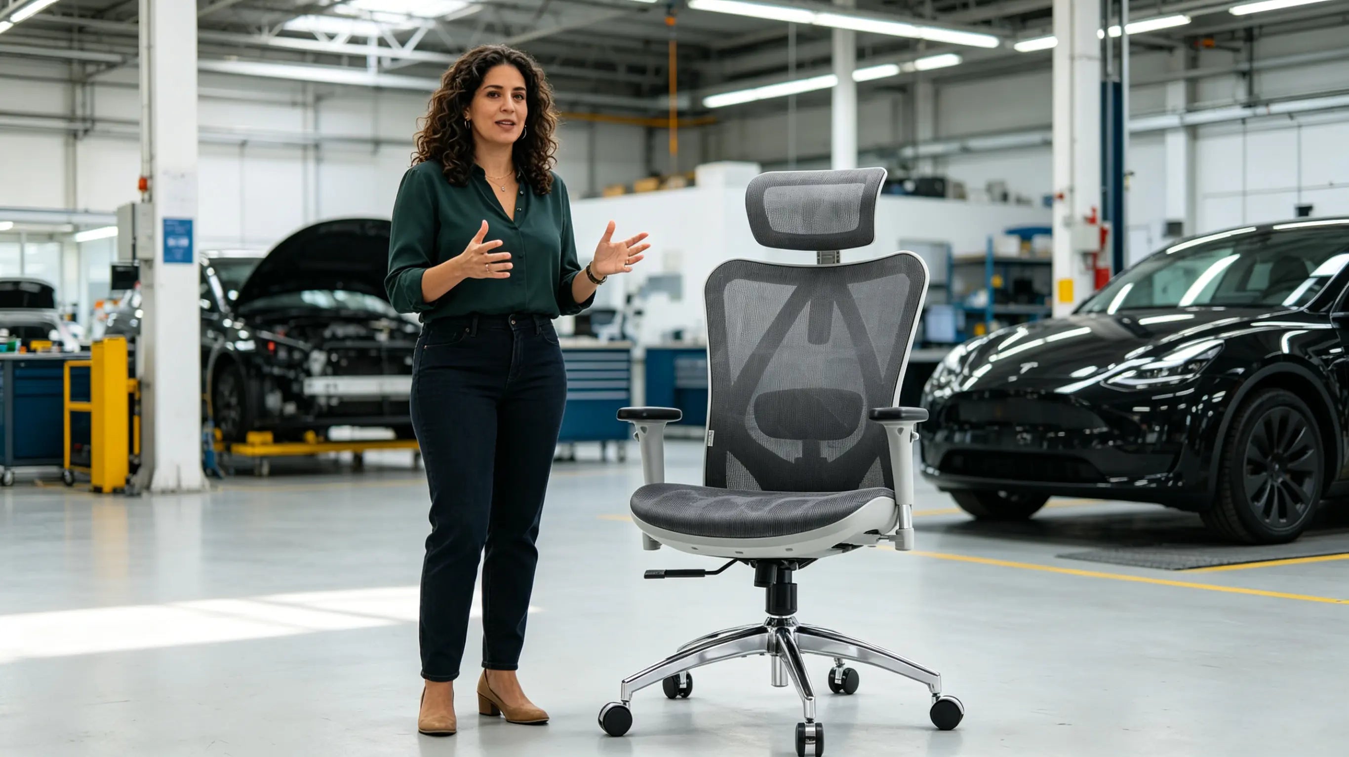 Doña Mónica, diseñadora automotriz de 36 años, esculpiendo curvas aerodinámicas en su taller de Madrid, sentada en su silla Full Mesh de Ergo Select.